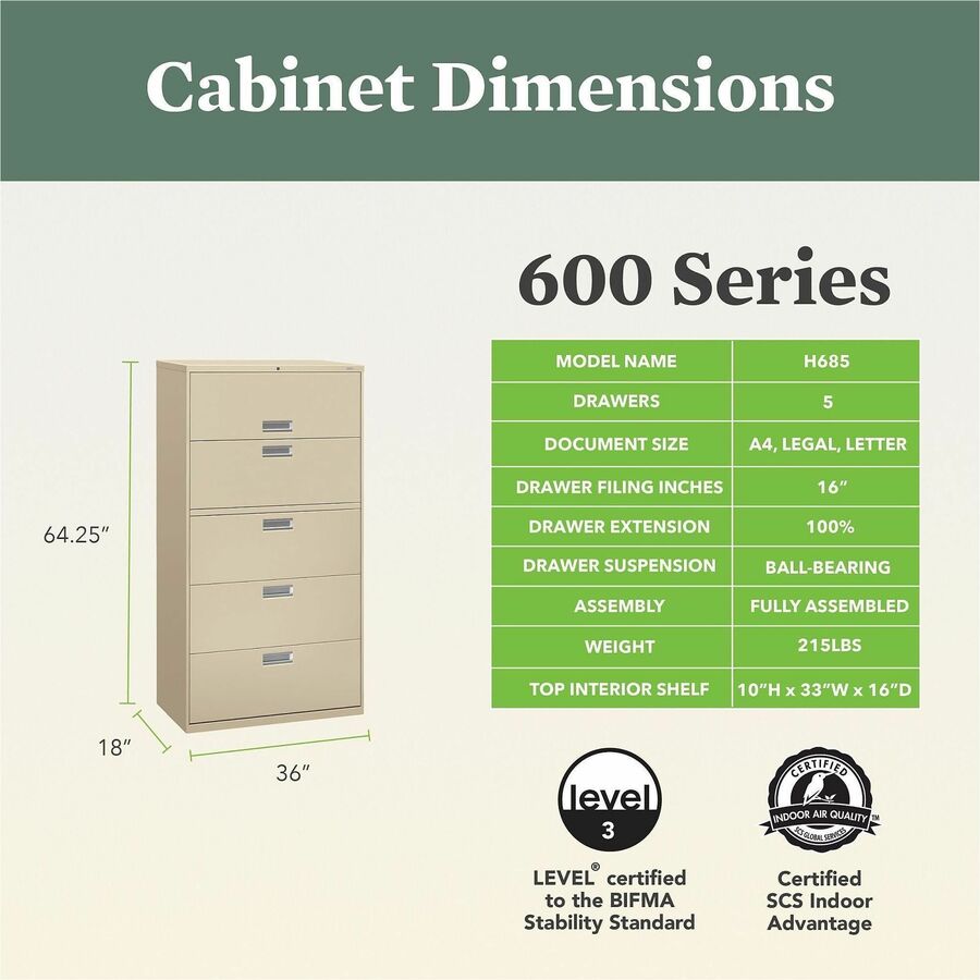 HON Brigade 600 H685 Lateral File - 67" Height x 36" Width x 18" Depth - Total Drawer(s): 5 - Finish: Putty - Lockable, Heavy Duty, Glide, Removable Lock - For File Storage, Workstation, Office, Desk - 1 Each