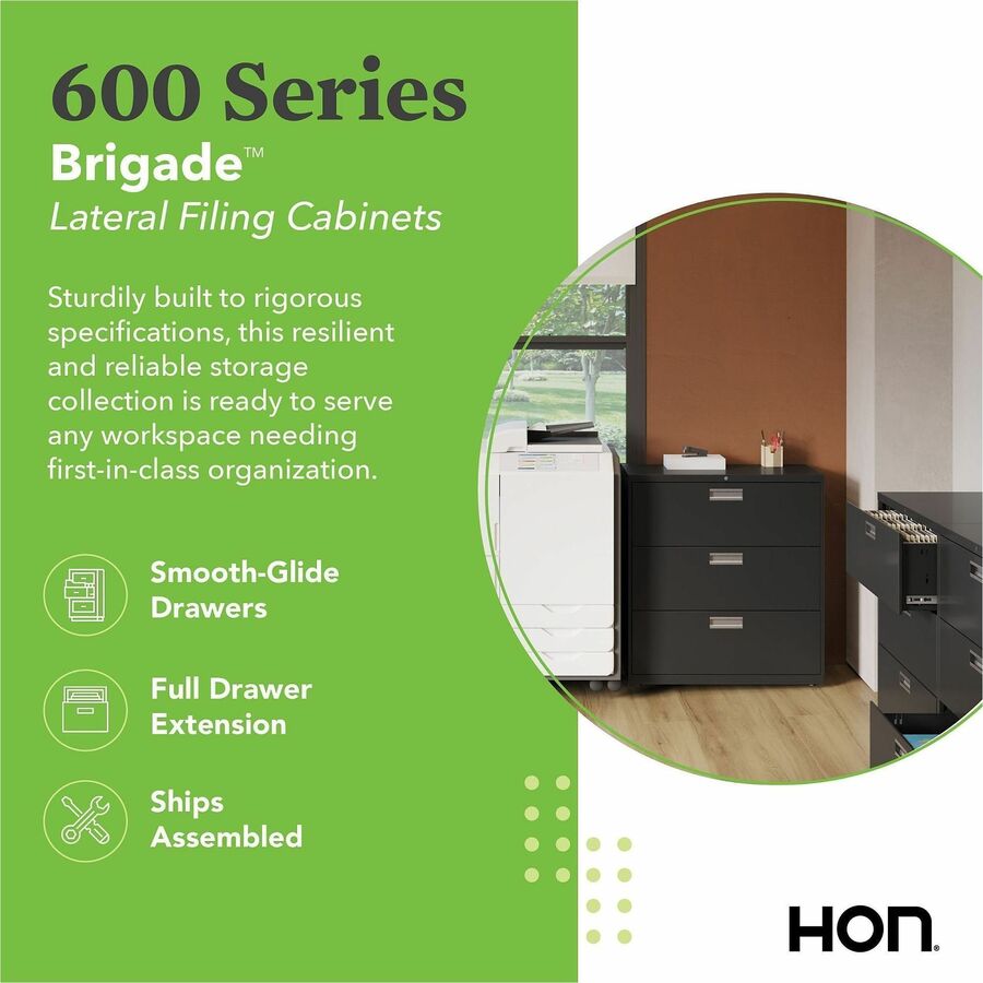 HON Brigade 600 H683 Lateral File - 40.9" Height x 36" Width x 18" Depth - Total Drawer(s): 3 - Finish: Black - 1 Each