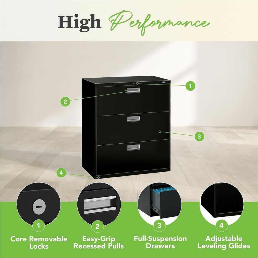 HON Brigade 600 H683 Lateral File - 40.9" Height x 36" Width x 18" Depth - Total Drawer(s): 3 - Finish: Black - 1 Each