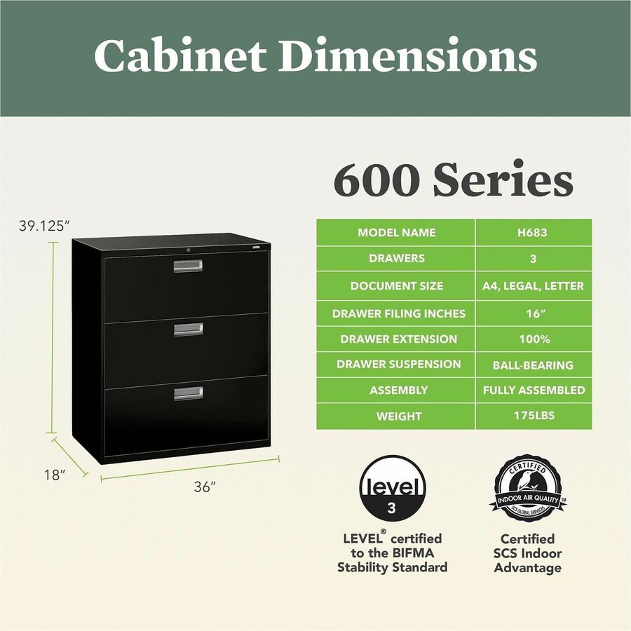 HON Brigade 600 H683 Lateral File - 40.9" Height x 36" Width x 18" Depth - Total Drawer(s): 3 - Finish: Black - 1 Each