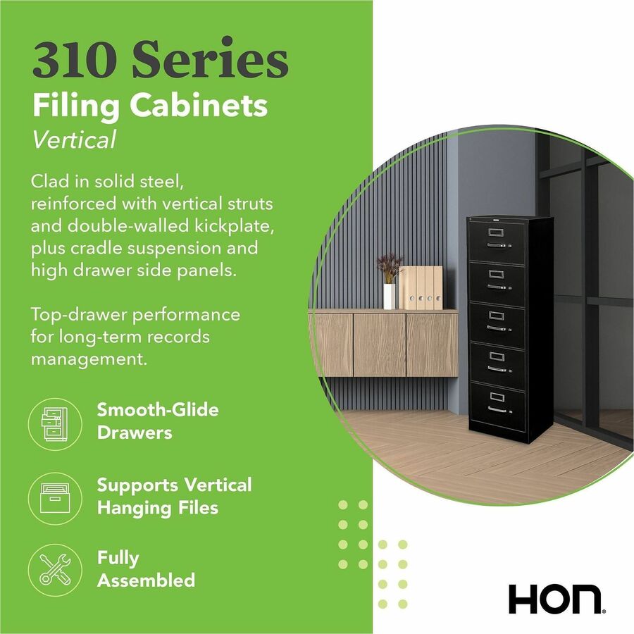 HON 310 H315 File Cabinet - 60" Height x 15" Width x 26.5" Depth - Total Drawer(s): 5 - Finish: Black - 1 Each