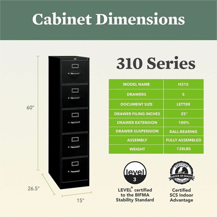 HON 310 H315 File Cabinet - 60" Height x 15" Width x 26.5" Depth - Total Drawer(s): 5 - Finish: Black - 1 Each