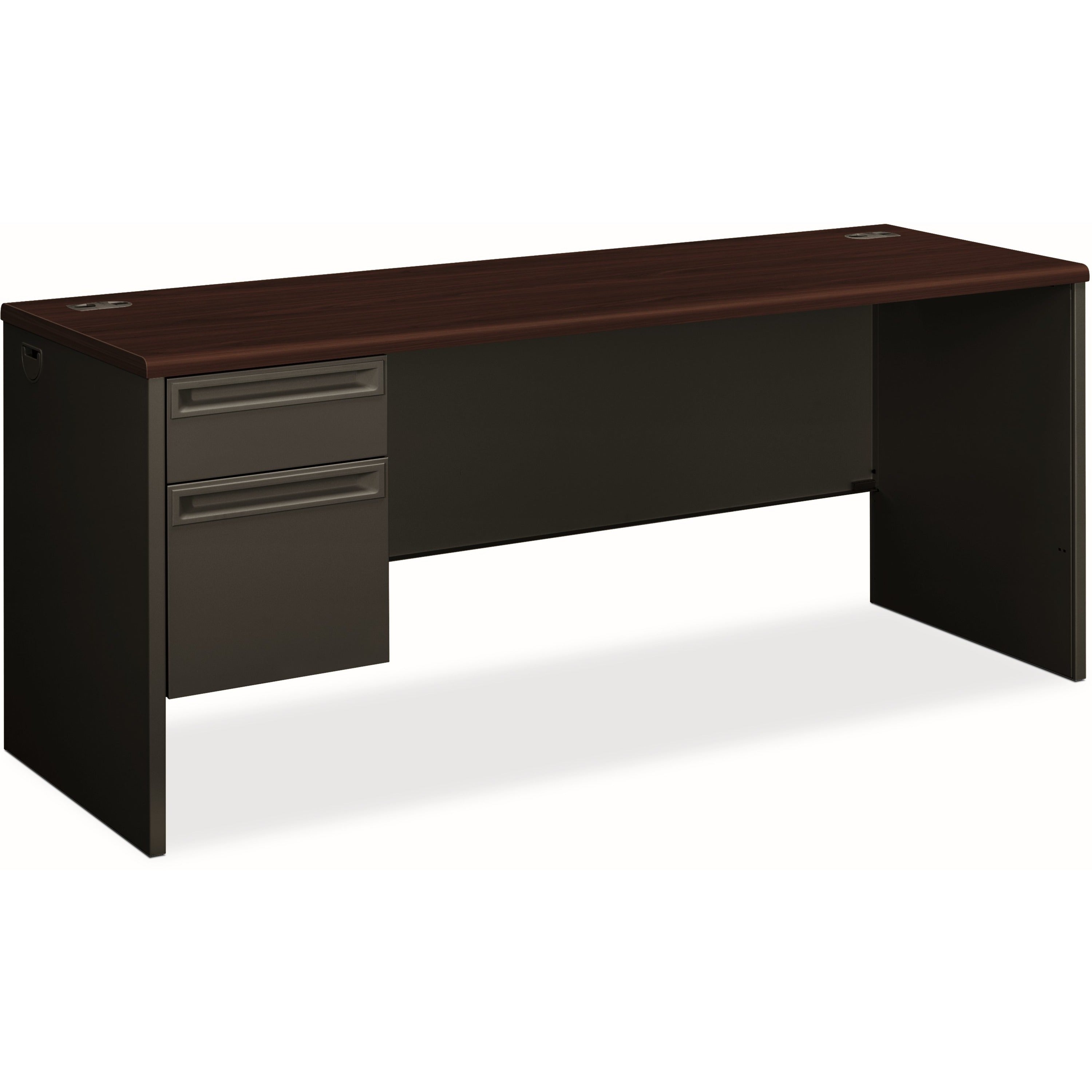29.5" Height x 72" Width x 24" Depth - Total Drawer(s): 2 - Single Pedestal on Left Side - Radius Edge - Material: Steel - Finish: Charcoal, Laminate, Mahogany - Grommet, Ball-bearing Suspension, Cord Management - For Office - 1 Each