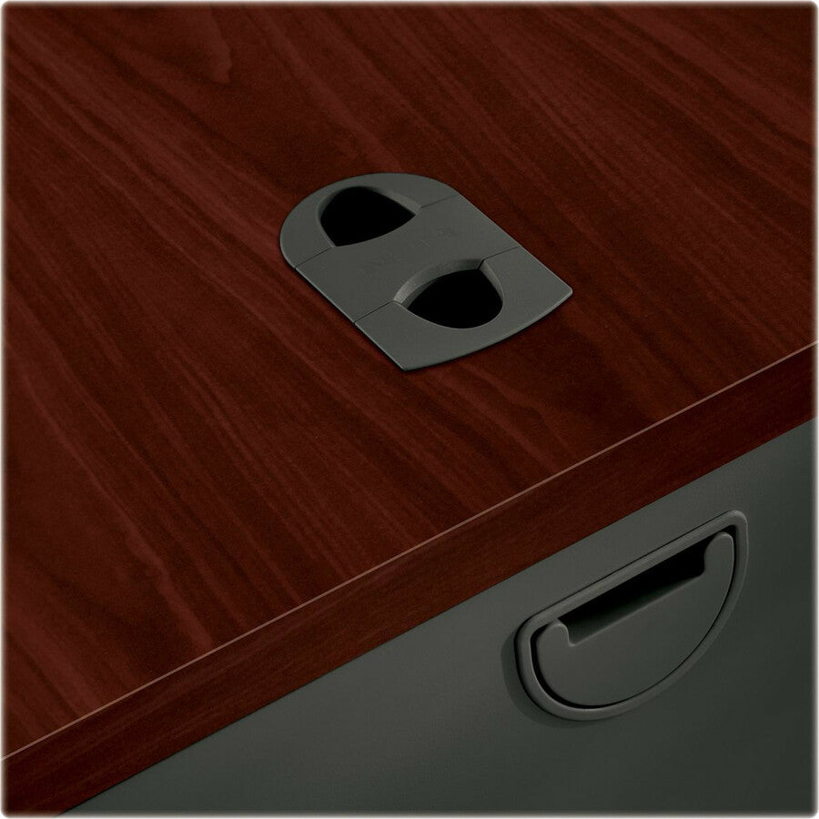 29.5" Height x 72" Width x 24" Depth - Total Drawer(s): 2 - Single Pedestal on Left Side - Radius Edge - Material: Steel - Finish: Charcoal, Laminate, Mahogany - Grommet, Ball-bearing Suspension, Cord Management - For Office - 1 Each