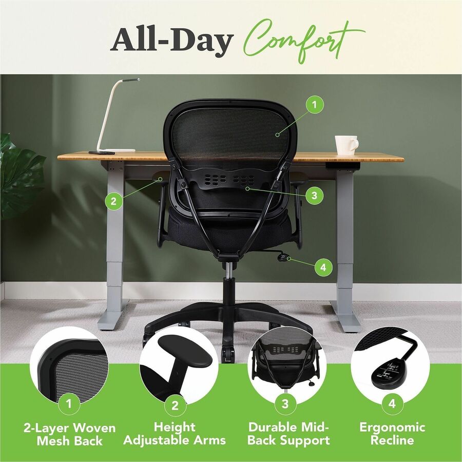 HON Wave Chair - Black Seat Color - Fabric Seat Material - Black Back Color - Reinforced Resin, Mesh Back Material - Black Frame Color - Reinforced Resin Frame Material - Mid Back - 5-star Base - Black - 1 Each