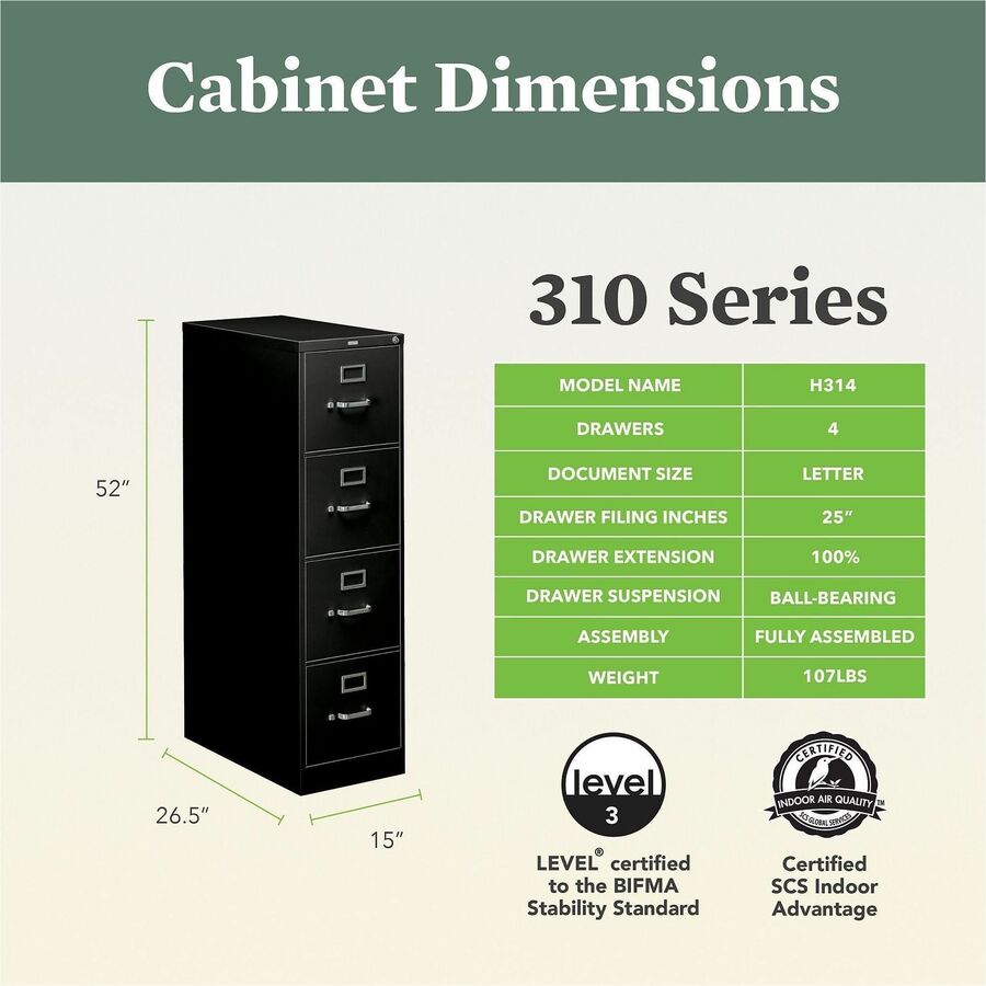 HON 310 H314 File Cabinet - 52" Height x 15" Width x 26.5" Depth - Total Drawer(s): 4 - Finish: Black - 1 Each