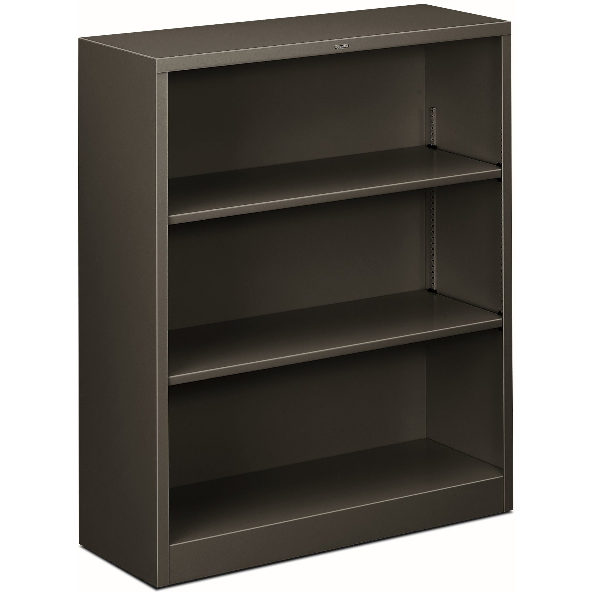 HON Brigade Steel Bookcase, 3 Shelves, 41"H x 34.5"W x 12.62"D, Adjustable, Reinforced Steel, Charcoal, 1 Each