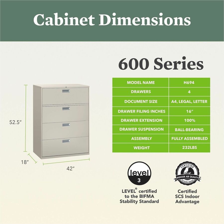 HON Brigade 600 H694 Lateral File - 53.3" Height x 42" Width x 18" Depth - Total Drawer(s): 4 - Finish: Light Gray - 1 Each