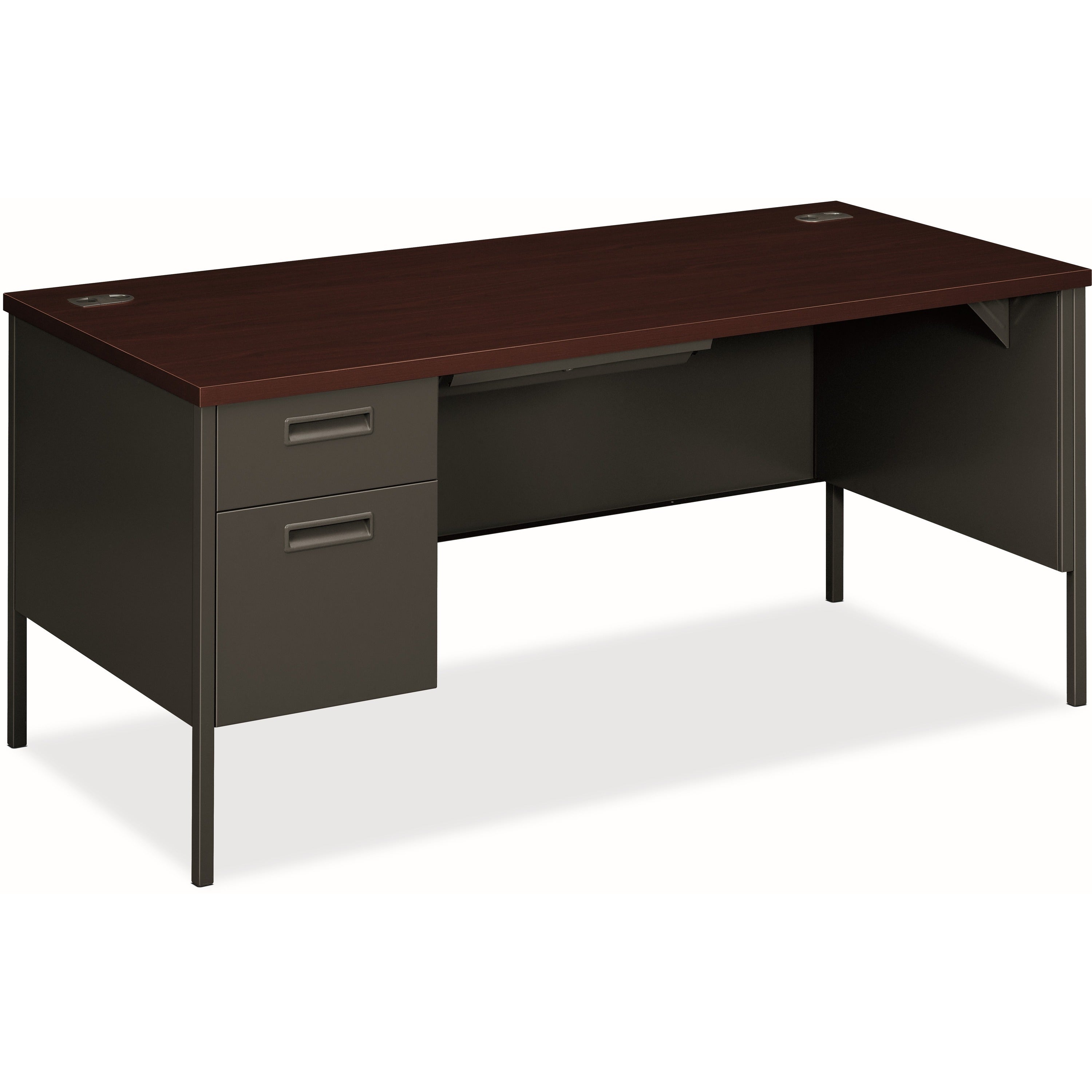 29.5" Height x 66" Width x 30" Depth, x 1" Thickness Top - Total Drawer(s): 2 - Double Pedestal on Left Side - Material: Steel - Finish: Mahogany Laminate, Charcoal - 1 Each
