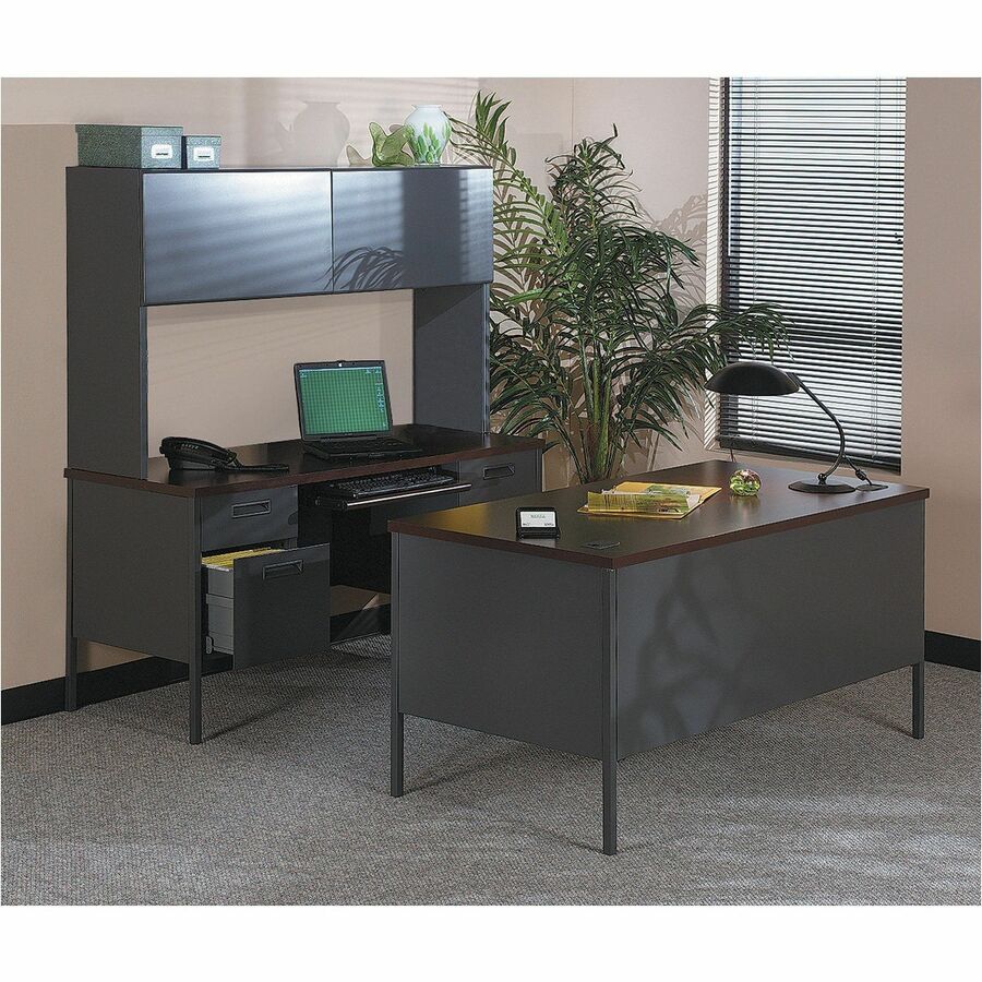 29.5" Height x 66" Width x 30" Depth, x 1" Thickness Top - Total Drawer(s): 2 - Double Pedestal on Left Side - Material: Steel - Finish: Mahogany Laminate, Charcoal - 1 Each