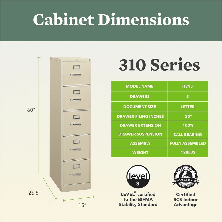HON 310 H315 File Cabinet - 60" Height x 15" Width x 26.5" Depth - Total Drawer(s): 5 - Finish: Putty - 1 Each