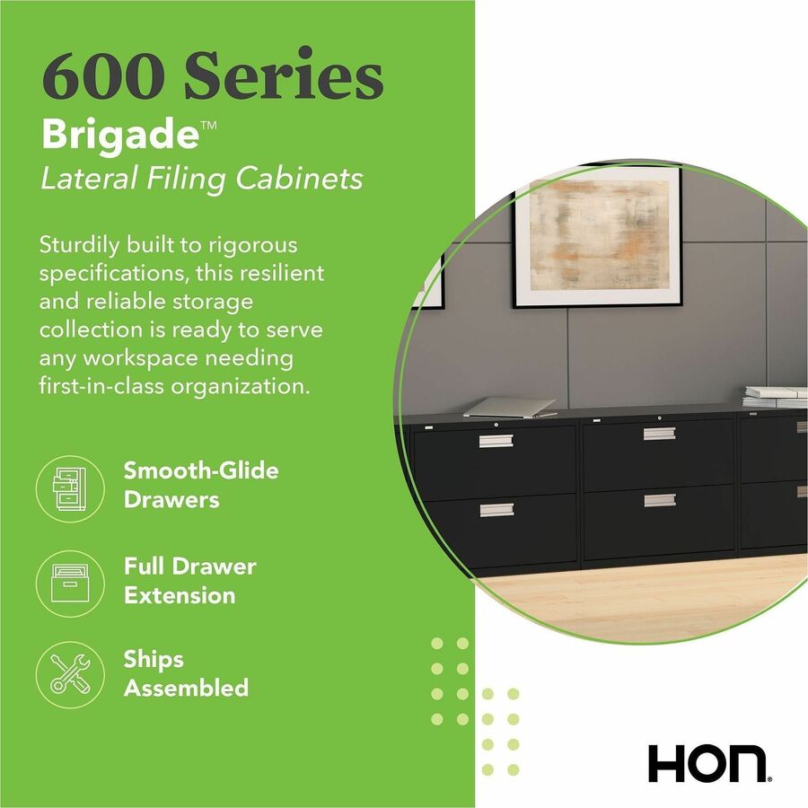 HON Brigade 600 H682 Lateral File - 28.4" Height x 36" Width x 19.3" Depth - Total Drawer(s): 2 - Finish: Black - Lockable, Heavy Duty, Glide, Removable Lock, Durable - For Workstation, Office - 1 Each