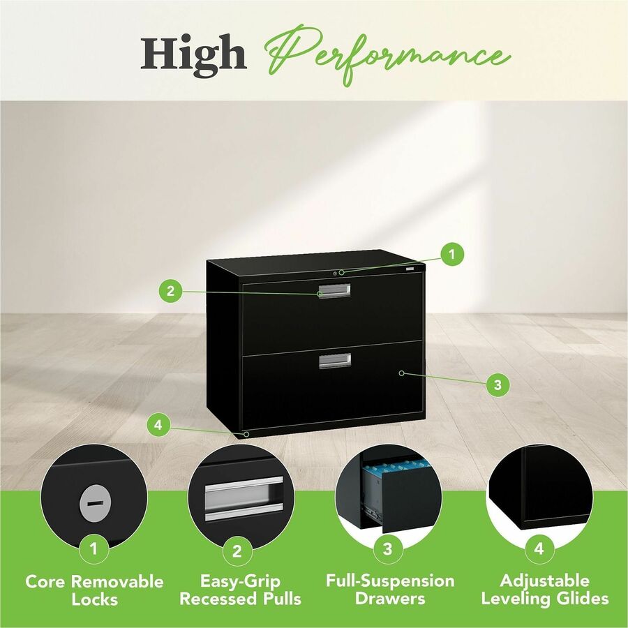 HON Brigade 600 H682 Lateral File - 28.4" Height x 36" Width x 19.3" Depth - Total Drawer(s): 2 - Finish: Black - Lockable, Heavy Duty, Glide, Removable Lock, Durable - For Workstation, Office - 1 Each