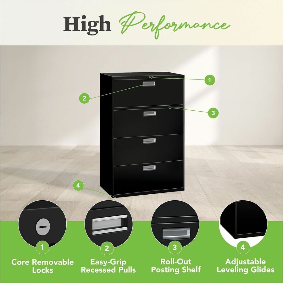 HON Brigade 600 H684 Lateral File - 53.3" Height x 36" Width x 19.3" Depth - Total Drawer(s): 4 - Finish: Black - 1 Each