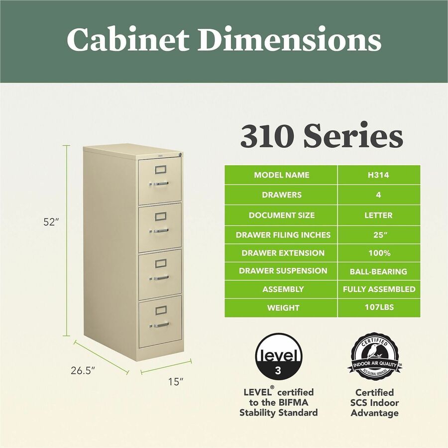 HON 310 H314C File Cabinet - 52" Height x 18.3" Width x 26.5" Depth - Total Drawer(s): 4 - Finish: Putty - Lockable, Durable, Label Holder - For File, Office, File Folder, Desk - 1 Each