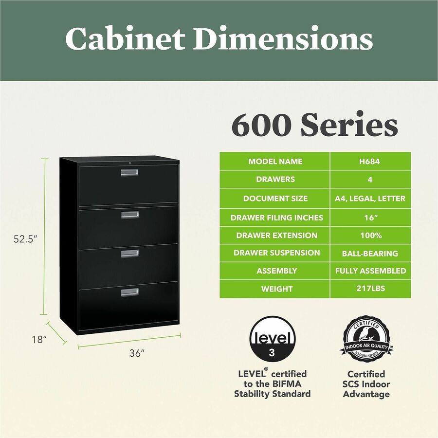 HON Brigade 600 H684 Lateral File - 53.3" Height x 36" Width x 18" Depth - Total Drawer(s): 4 - Finish: Putty - Lockable, Glide, Removable Lock, Heavy Duty, Interlocking - For File Storage, Workstation, Office, Desk - 1 Each