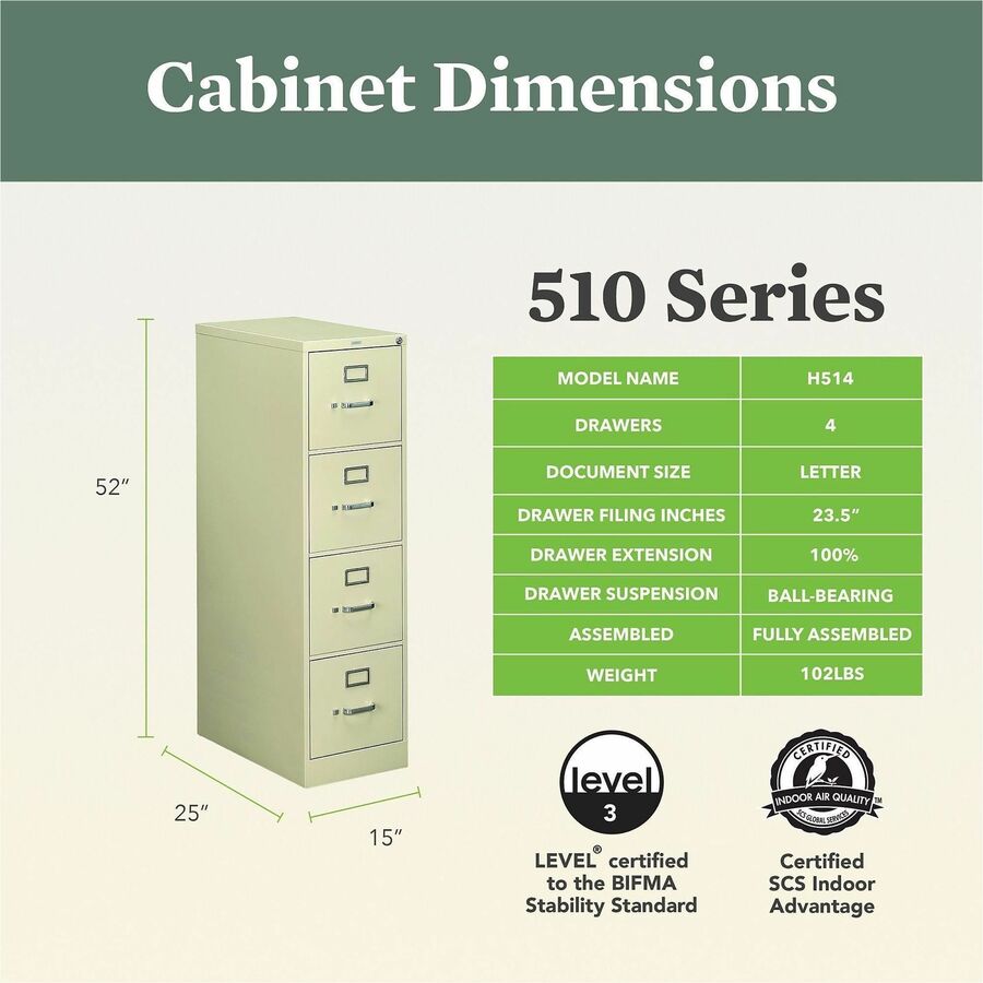 HON 510 H514 Vertical Column - 52" Height x 15" Width x 25" Depth - Total Drawer(s): 4 - Finish: Putty - 1 Each