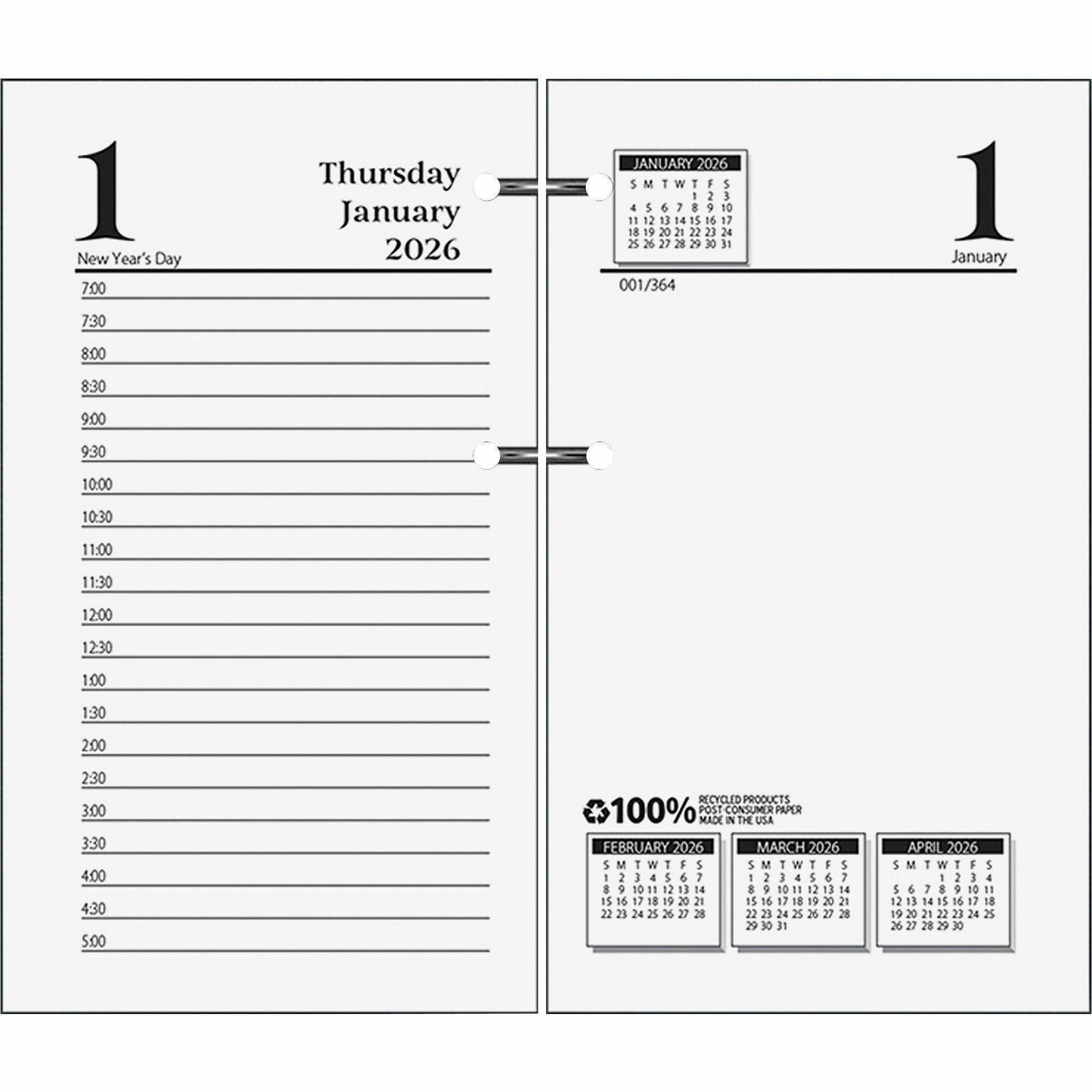 Julian Dates - Daily - 12 Month - January 2026 to December 2026 - 7:00 AM to 5:00 PM - Half-hourly - 1 Day Single Page Layout - 1 Day Double Page Layout - 3 1/2" x 6" Sheet Size - Desktop - White - Appointment Schedule, Reference Calendar - 1 Each