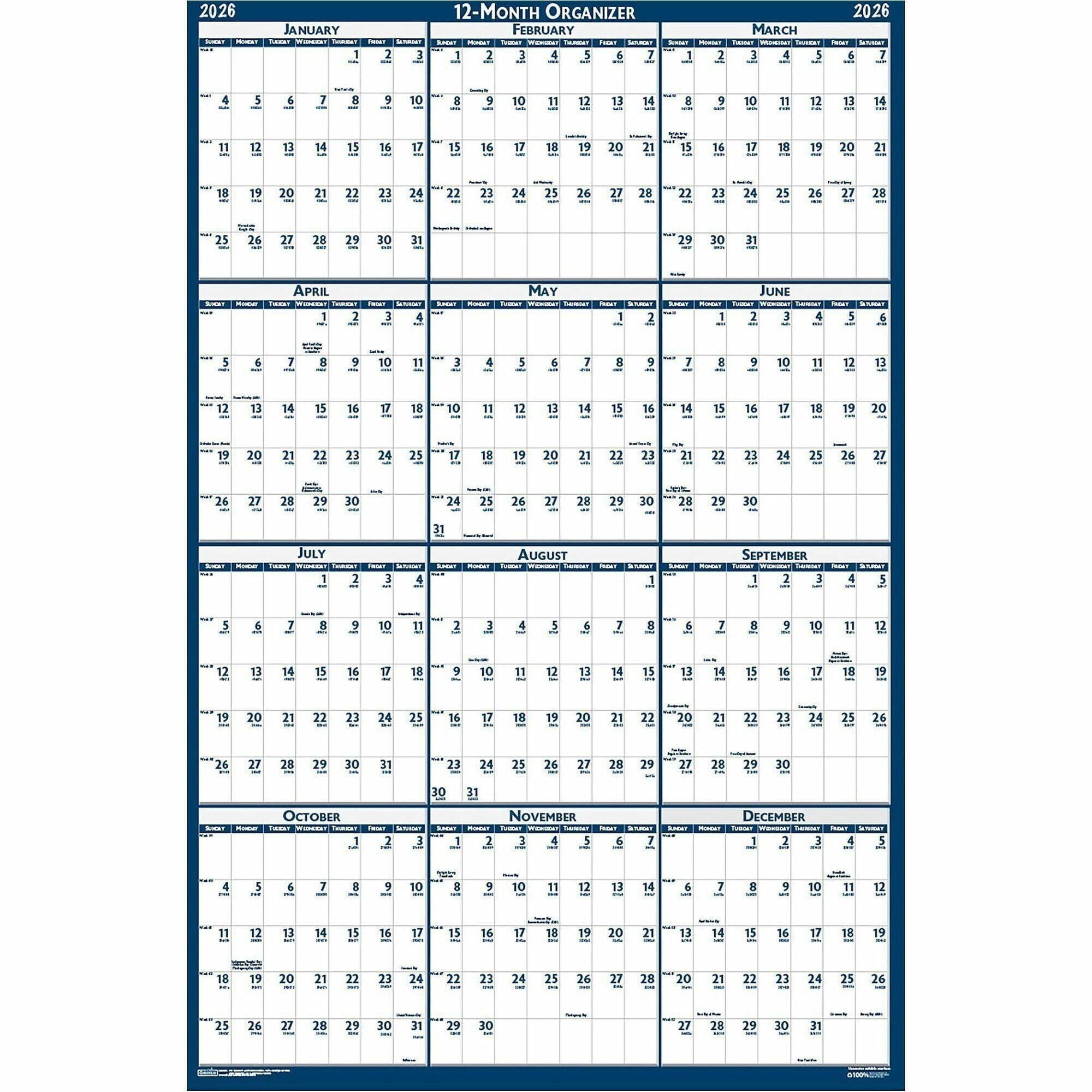House of Doolittle Write-on Laminated Wall Planner, Reversible, 32" x 48", Blue/Gray, Erasable, 12-Month, 2026, Includes Marker & Hanger, 1 Each