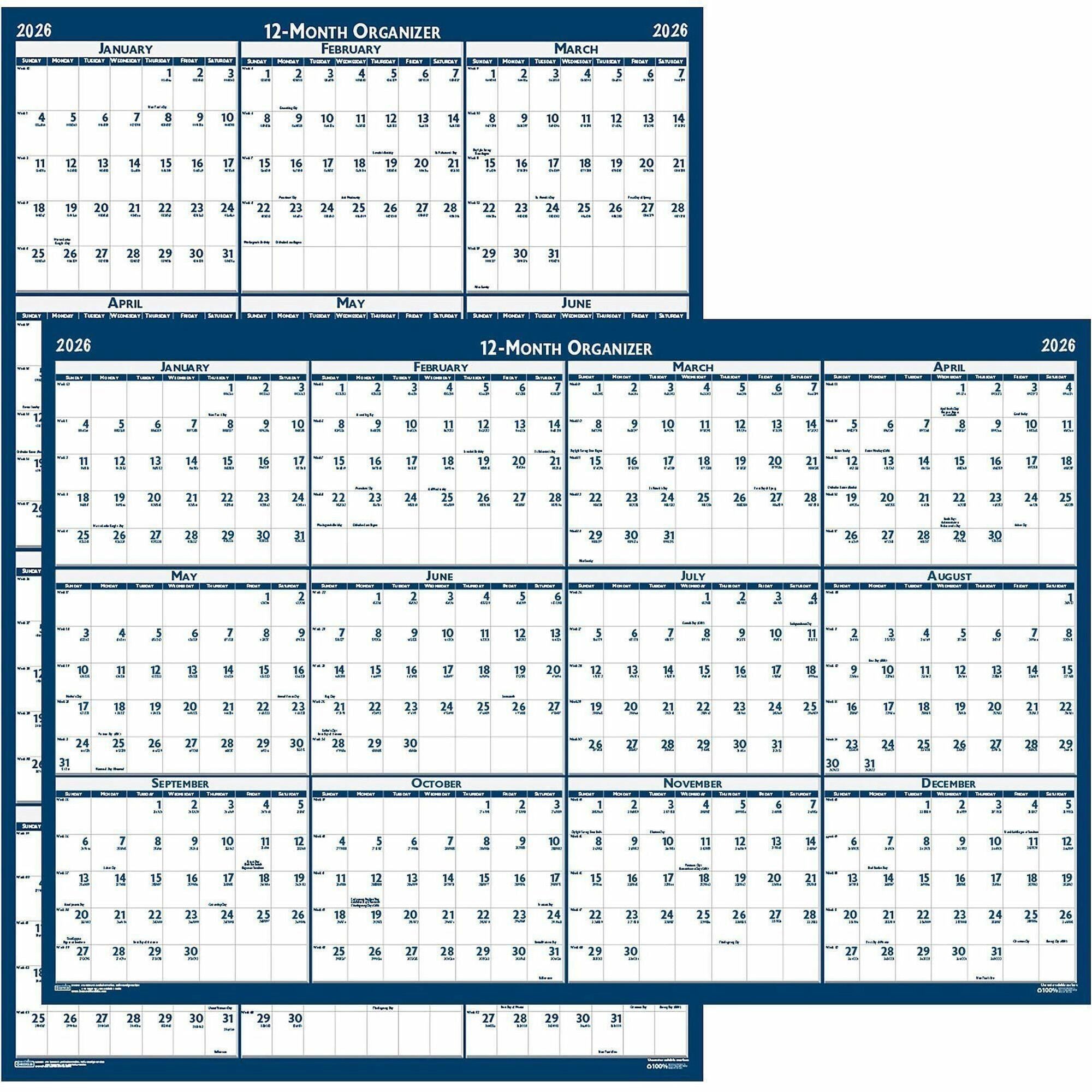 Professional - Julian Dates - Yearly - 12 Month - January 2026 to December 2026 - 24" x 37" Sheet Size - Blue/Gray Sheet - 1.25" x 1.63" , 1.38" Block - Blue, Gray - Paper - Laminated - 1 Each