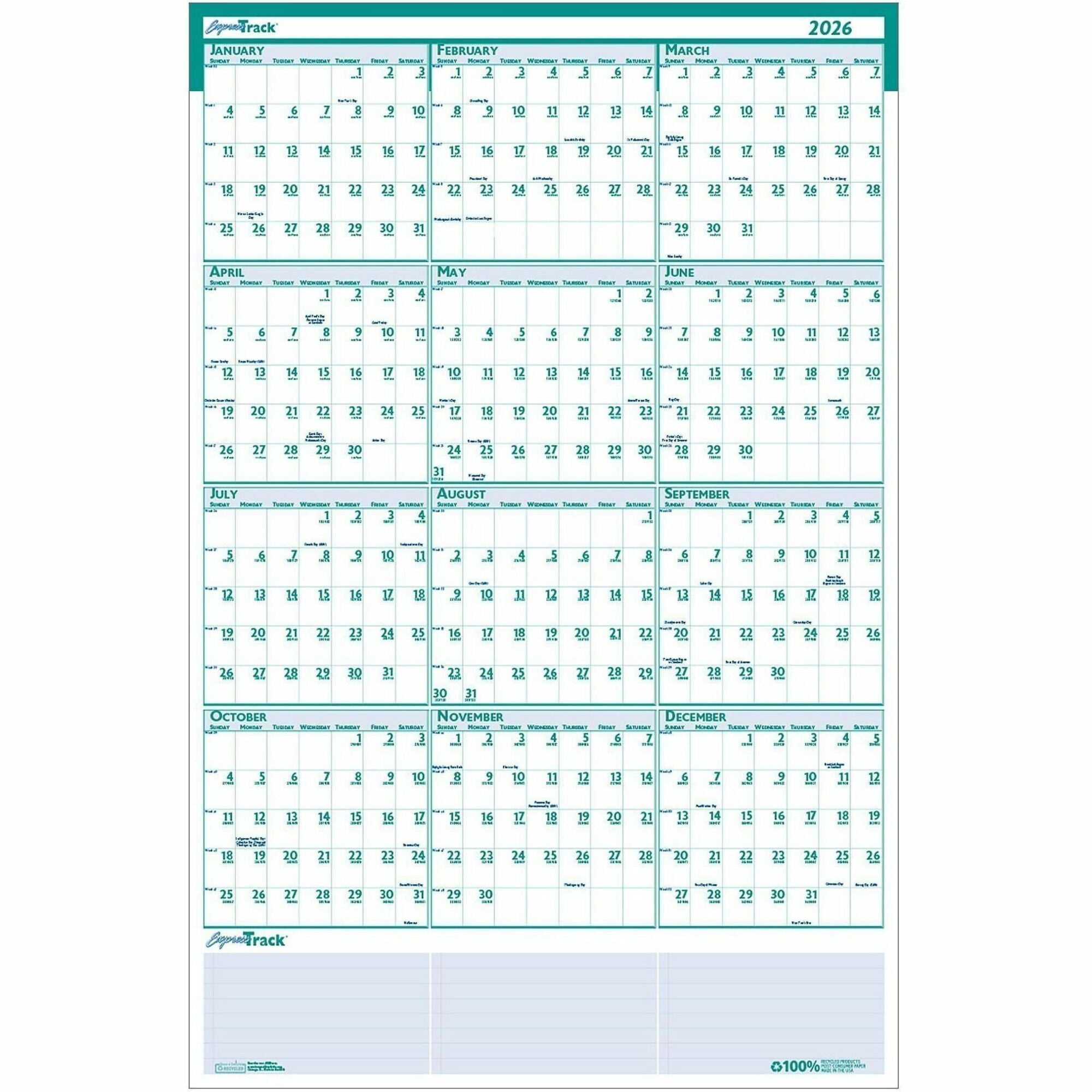 Julian Dates - Yearly - 12 Month - January 2026 to December 2026 - 24" x 37" Sheet Size - 1.25" x 1.38" Block - Blue, Green - Paper - Laminated, Erasable - 1 Each