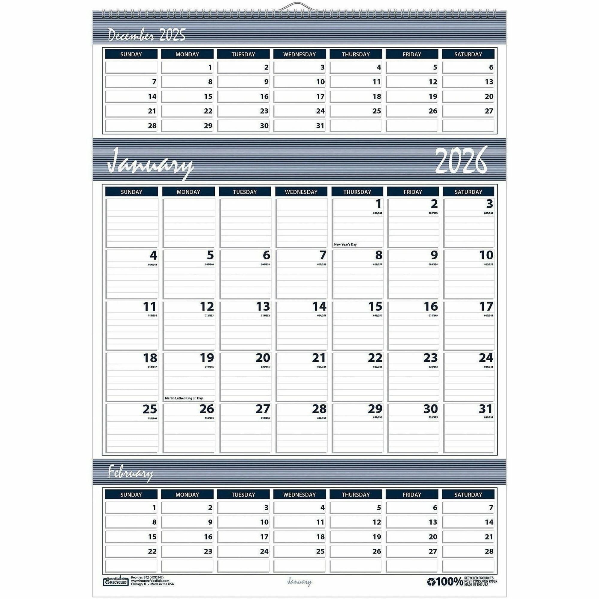 Julian Dates - Monthly - 14 Month - December 2025 to January 2027 - 3 Month Single Page Layout - 12" x 17" Sheet Size - 1.50" x 1.38" Block - Wire Bound - Blue, Gray - Paper - Eyelet - 1 Each