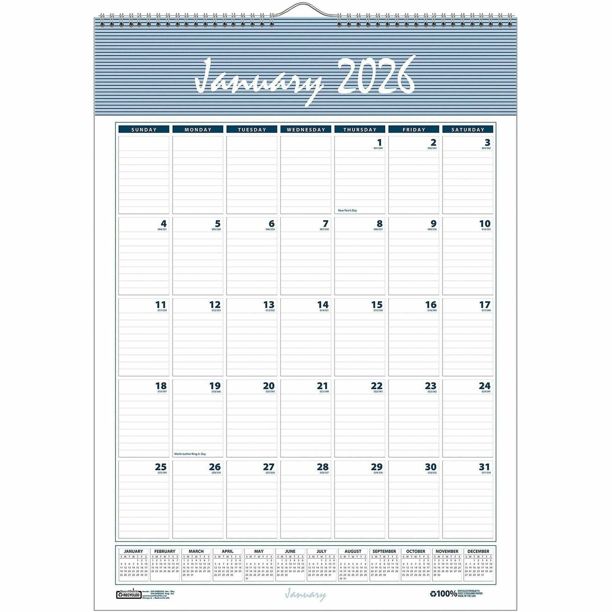 House of Doolittle Bar Harbor 12-Month Wall Calendar, 22" x 31 1/4", Blue/Gray, Wire Bound, 1 Each