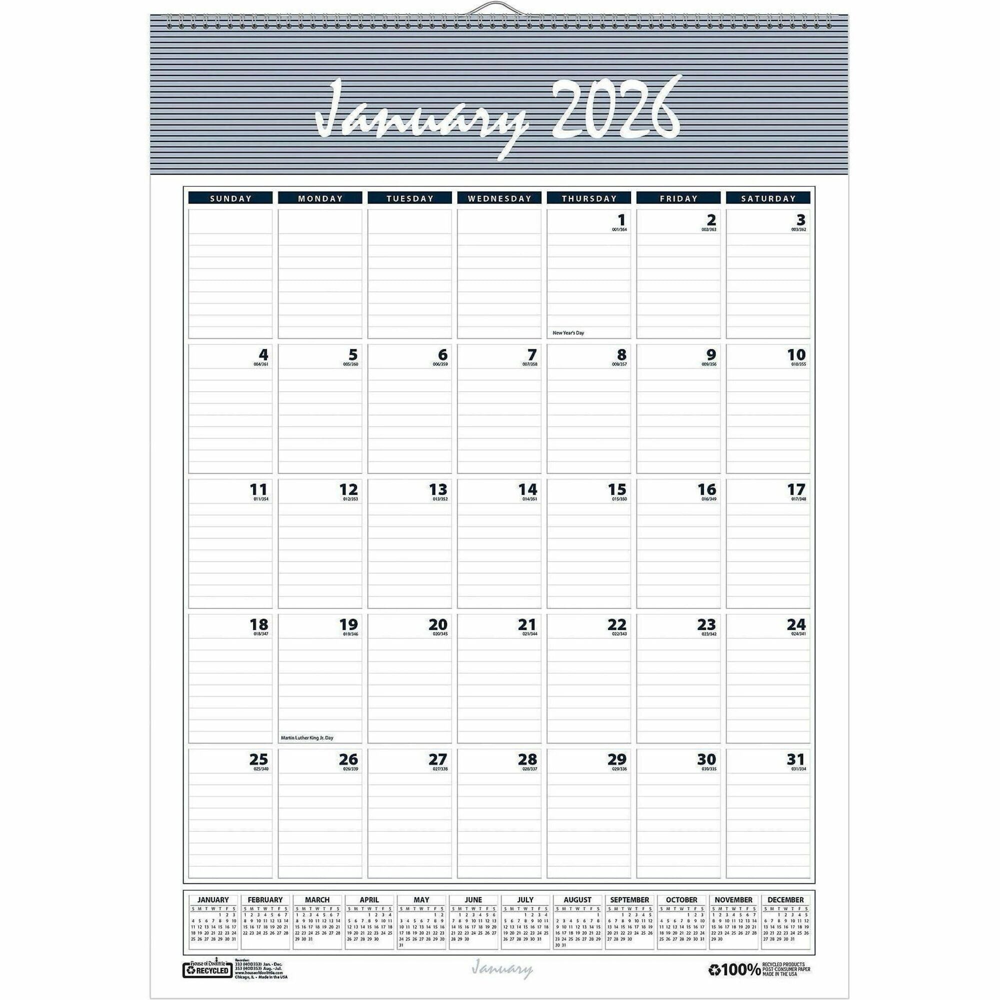 House of Doolittle Bar Harbor 12-Month Wall Calendar, 15.5" x 22", Blue/Gray, Wire Bound, 1 Each