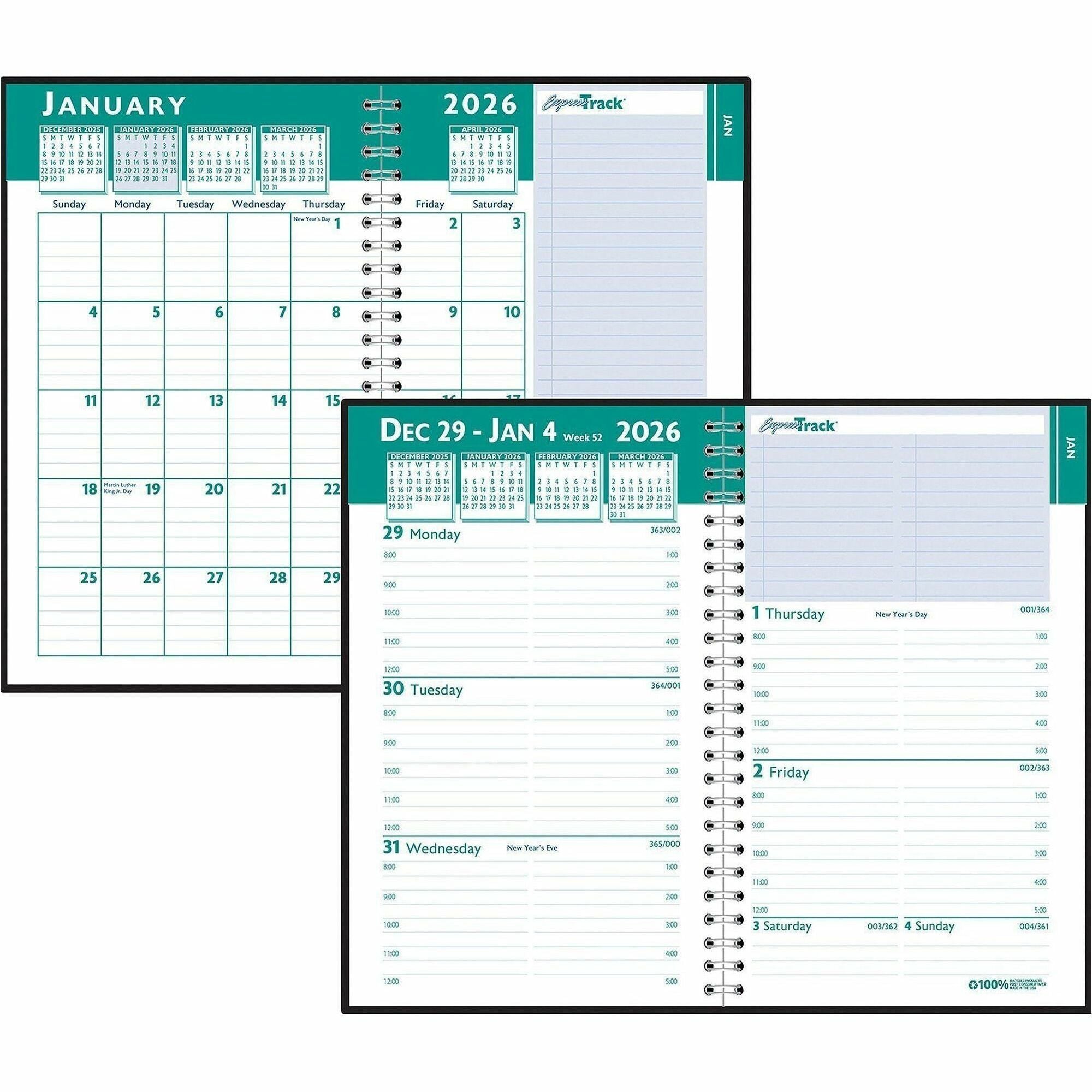 Julian Dates - Weekly, Monthly - 13 Month - January 2026 to January 2027 - 8:00 AM to 5:00 PM - Hourly - 1 Week, 1 Month Double Page Layout - 5" x 8" Sheet Size - Wire Bound - Paper, Simulated Leather - Black Cover - Tabbed, Expense Tracking - 1 Each