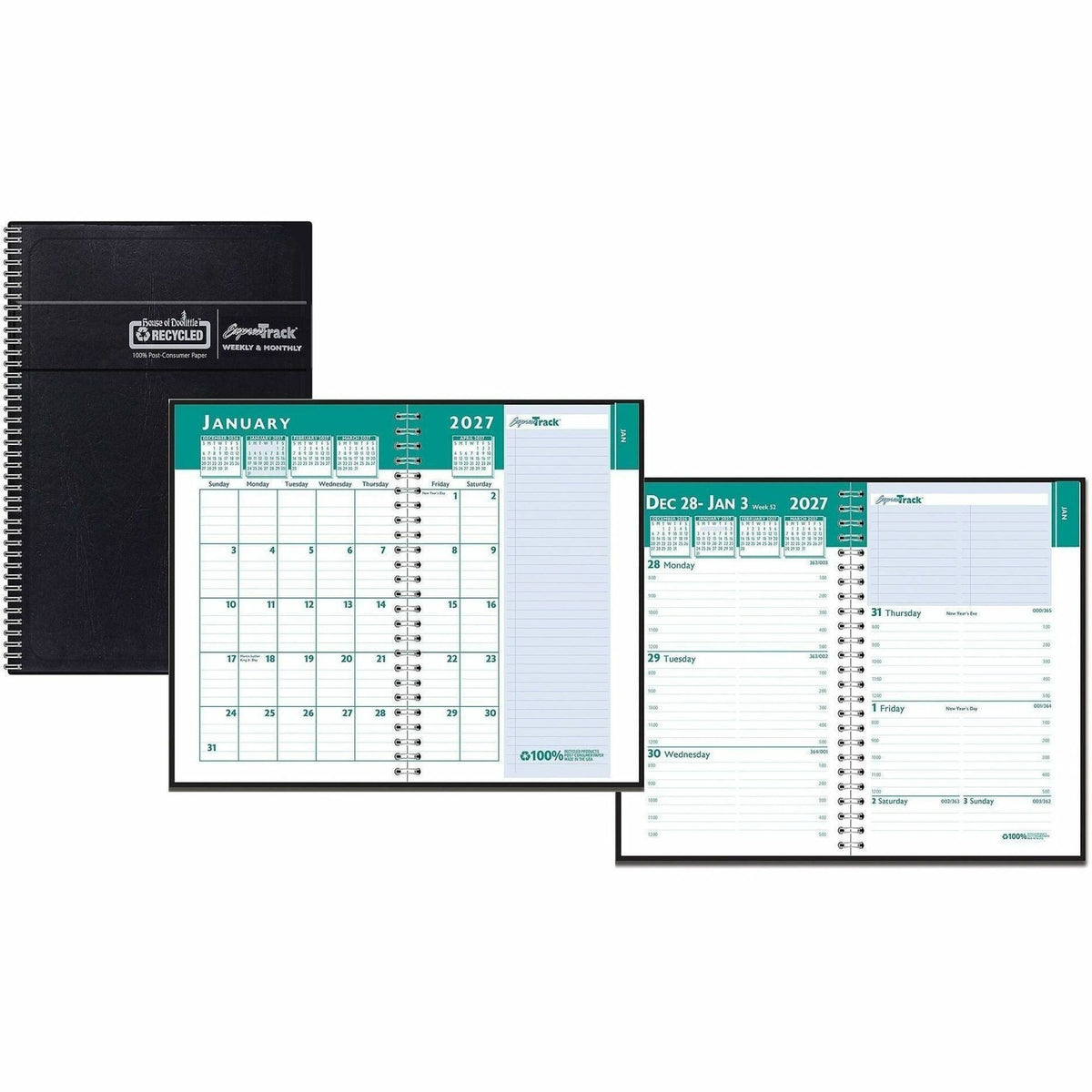 Julian Dates - Weekly, Monthly - 13 Month - January 2026 to January 2027 - 8:00 AM to 5:00 PM - Hourly - 1 Week, 1 Month Double Page Layout - 5" x 8" Sheet Size - Wire Bound - Paper, Simulated Leather - Black Cover - Tabbed, Expense Tracking - 1 Each