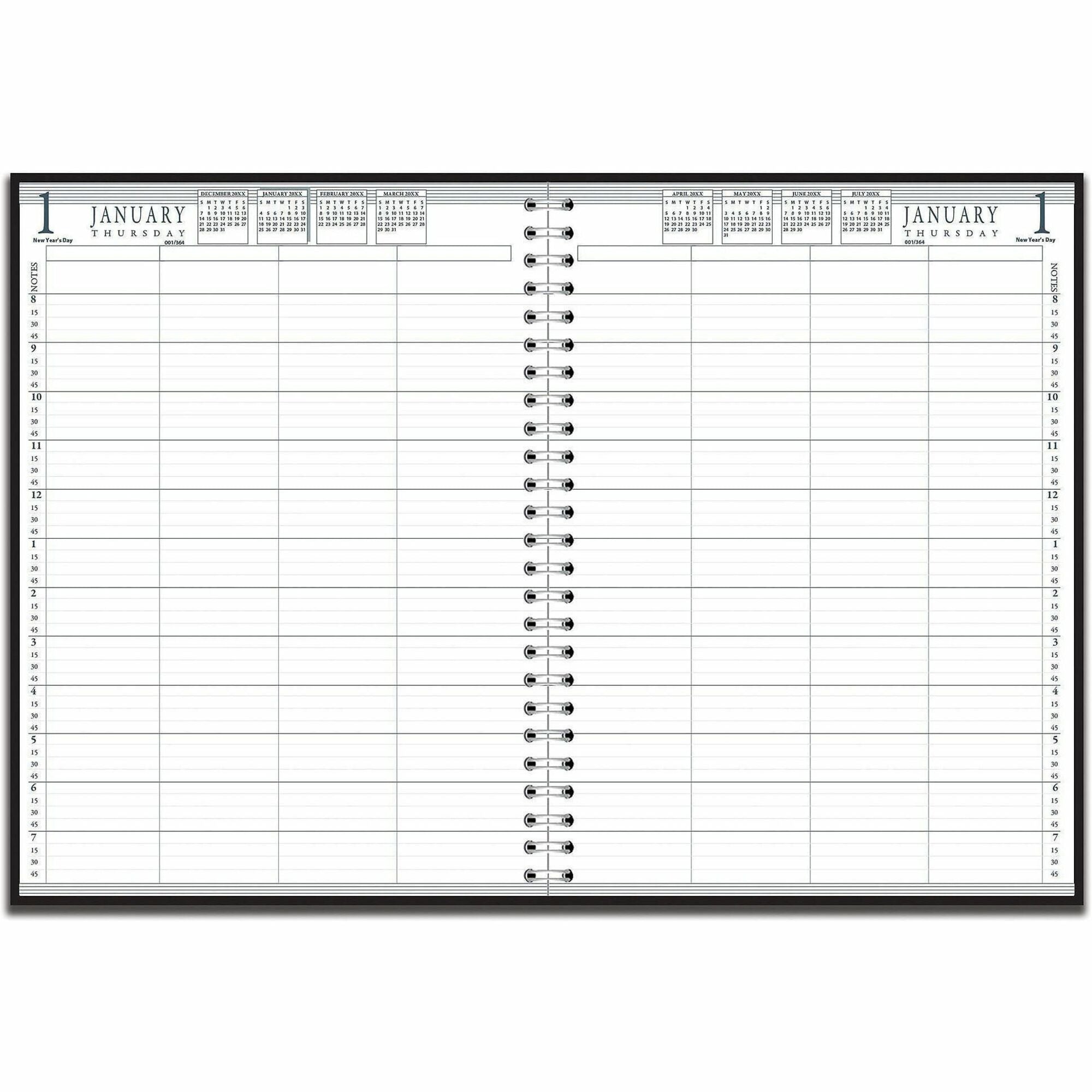Julian Dates - Daily - 12 Month - January 2026 to December 2026 - 8:00 AM to 7:45 PM - Quarter-hourly - 1 Day Double Page Layout - 8" x 11" Sheet Size - Wire Bound - Paper, Leather - Black Cover - 2 / Set