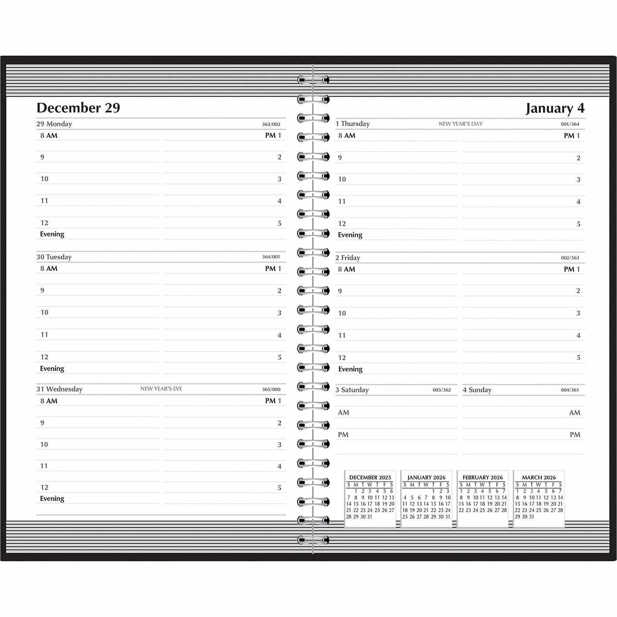 Julian Dates - Weekly - 12 Month - January 2026 to December 2026 - 8:00 AM to 5:00 PM - Half-hourly - 1 Week Double Page Layout - 5" x 8" Sheet Size - Wire Bound - Paper, Simulated Leather - Black Cover - Phone Directory, Notes Area - 1 Each