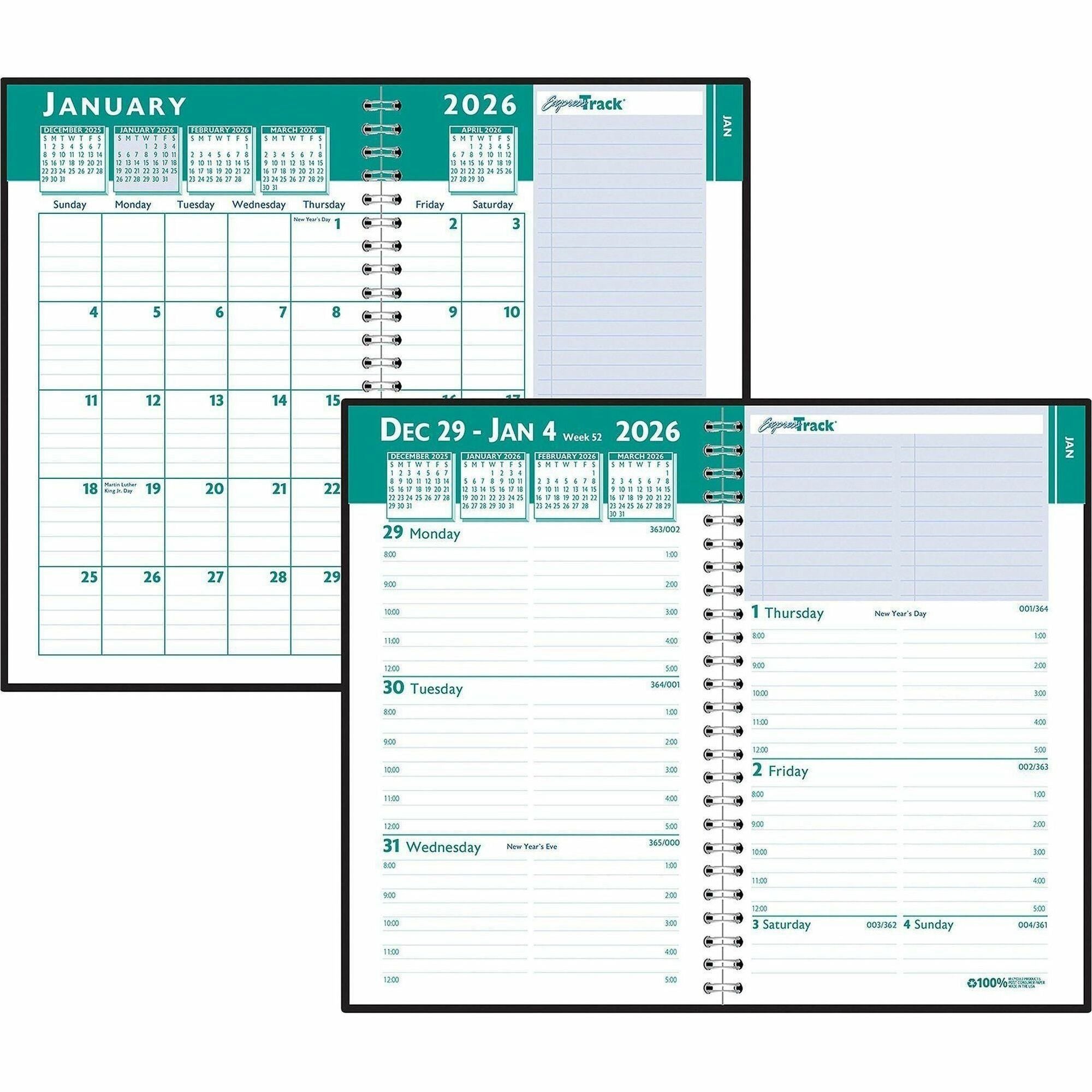 Julian Dates - Weekly, Monthly - 13 Month - January 2026 to January 2027 - 8:00 AM to 5:00 PM - Hourly - 1 Week, 1 Month Double Page Layout - 8 1/2" x 11" Sheet Size - Wire Bound - Paper, Simulated Leather - Black Cover - Tabbed, Expense Tracking - 1 Each