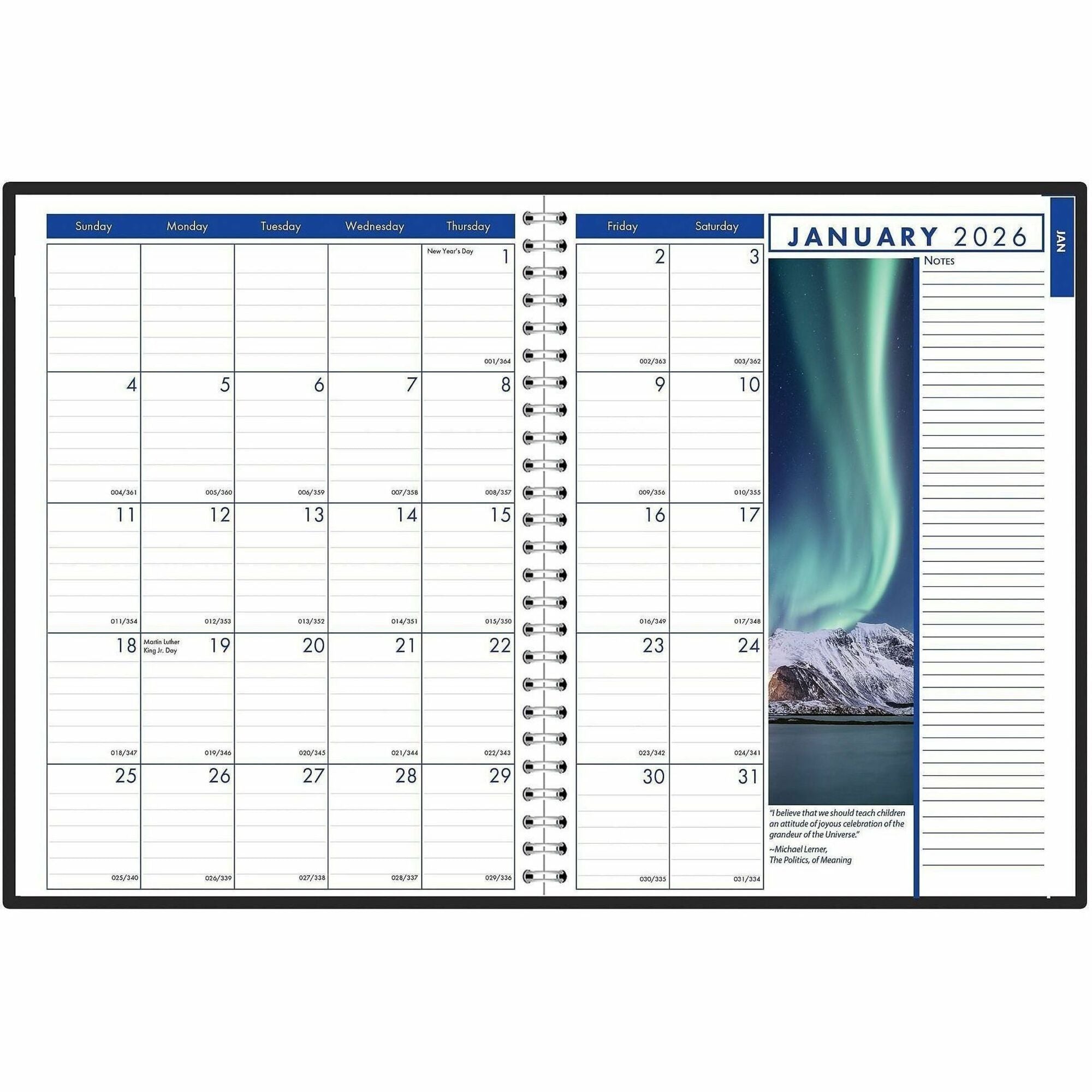 Julian Dates - Weekly, Monthly - 1 Year - January 2026 to December 2026 - 8:00 AM to 6:00 PM - Hourly - 1 Month, 1 Week Double Page Layout - 8 1/2" x 11" Sheet Size - Wire Bound - Paper - Black Cover - Tabbed, Phone Directory, Address Directory - 1 Each