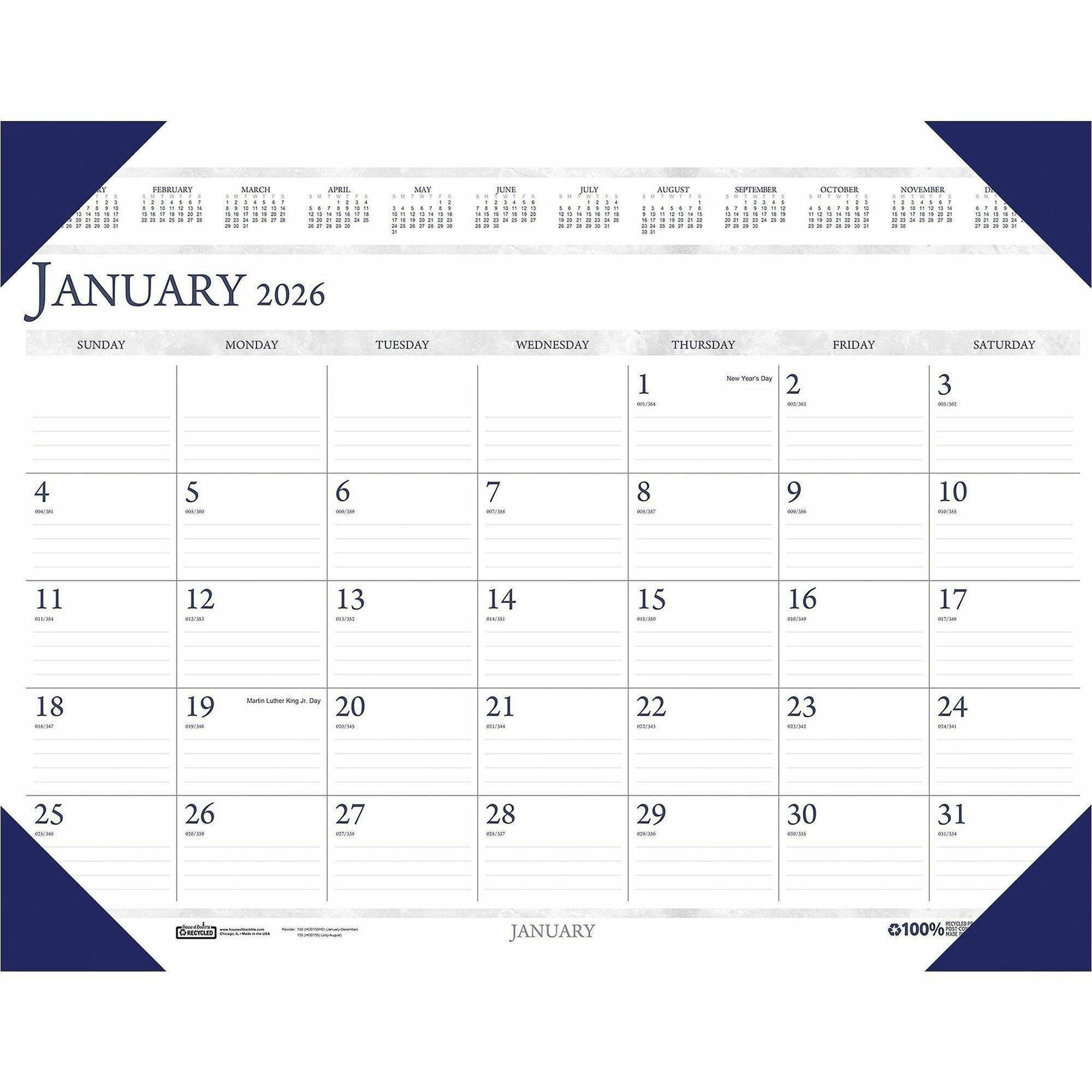 Julian Dates - Monthly - 1 Year - January 2026 to December 2026 - 1 Month Single Page Layout - 24" x 19" Sheet Size - 2.38" x 3.38" Block - Desk Pad - Multi - Paper, Leatherette - Holder - 1 Each