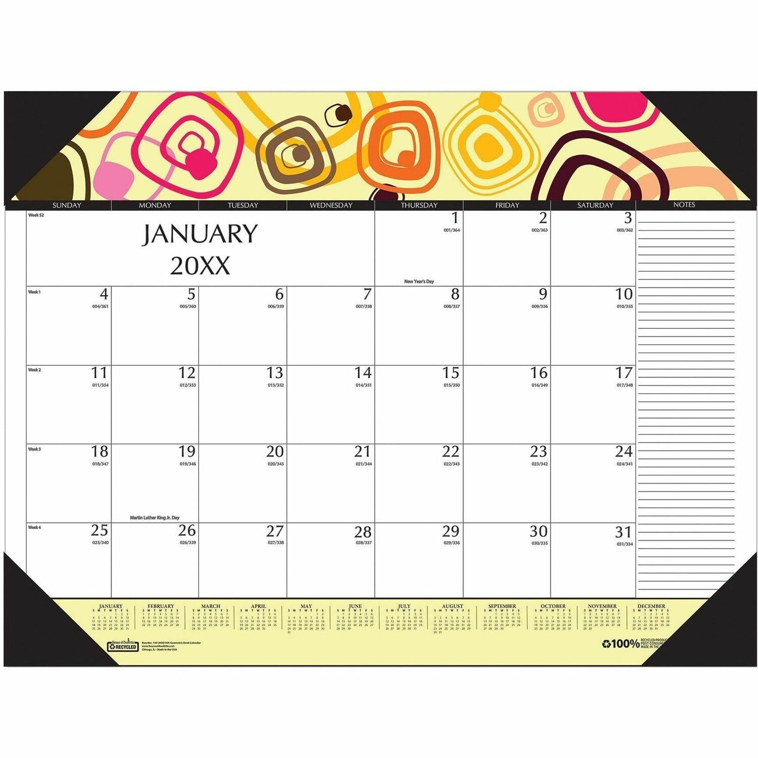 Julian Dates - Monthly - 12 Month - January 2026 to December 2026 - 22" x 17" Sheet Size - Desk Pad, Desk - Multicolor - Geometric Design, Planing Calendar, Printed, Reinforced Corner - 1 Each