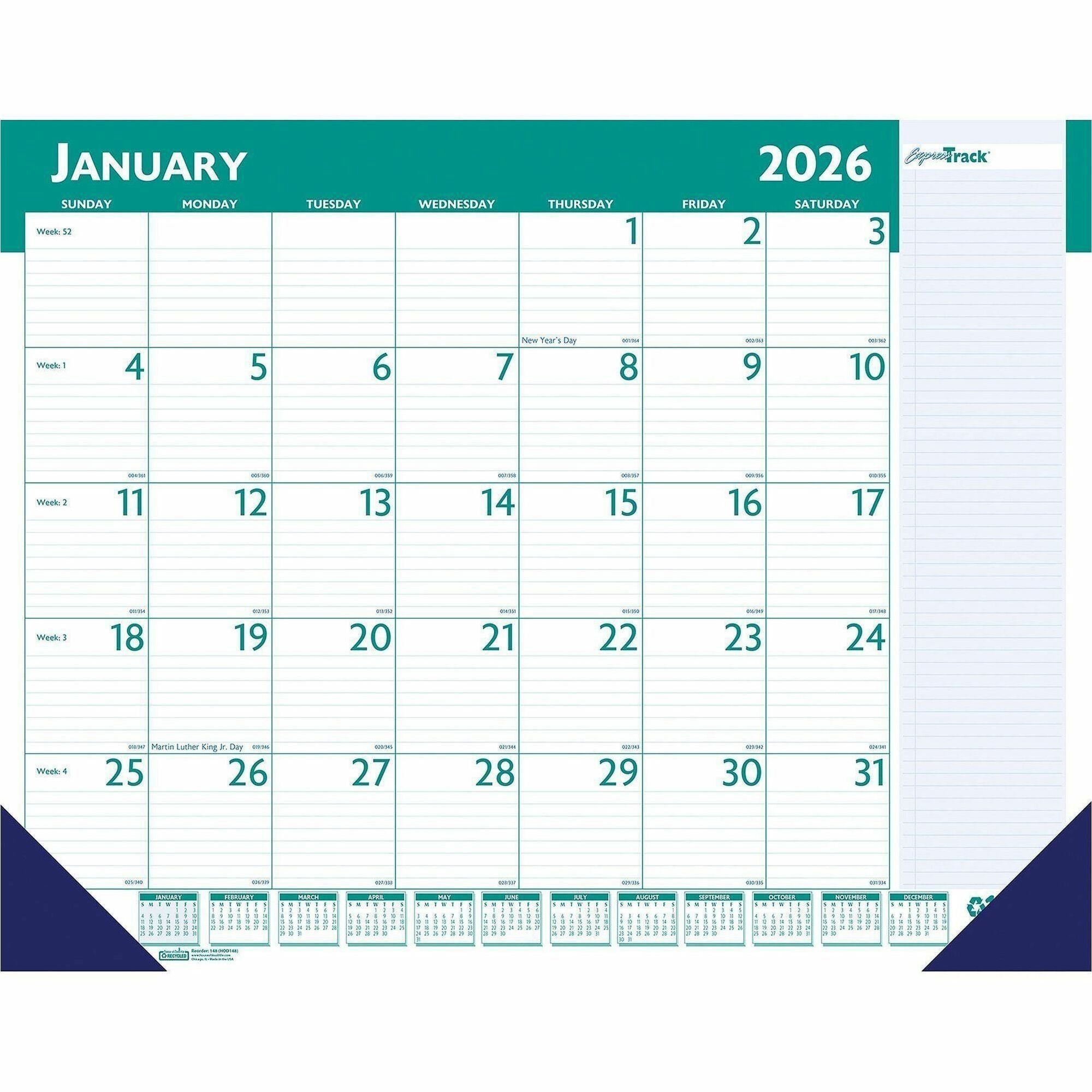Monthly - 13 Month - January 2026 to January 2027 - Desk Pad - 1 Each