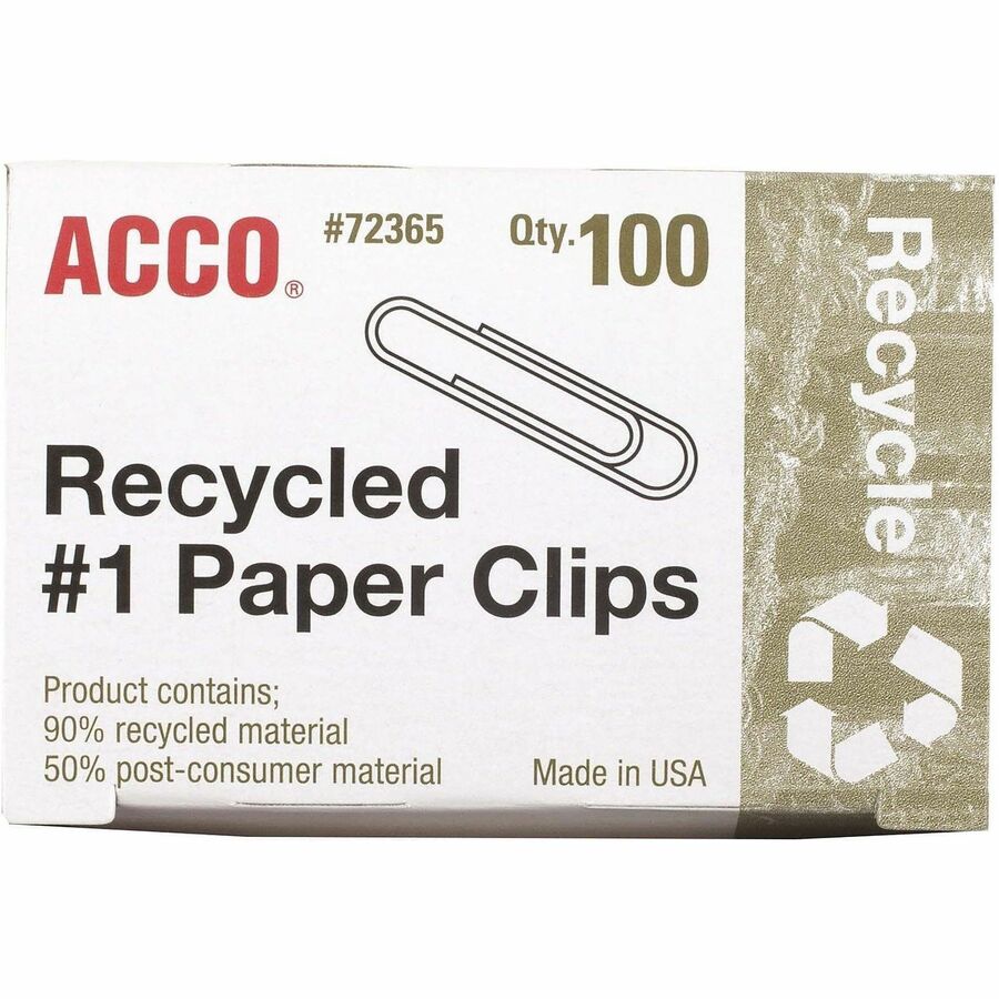 ACCO Recycled Paper Clips - No. 1 - 1.3" Length - 10 Sheet Capacity - Durable, Reusable - Silver - Metal - 100 / Box