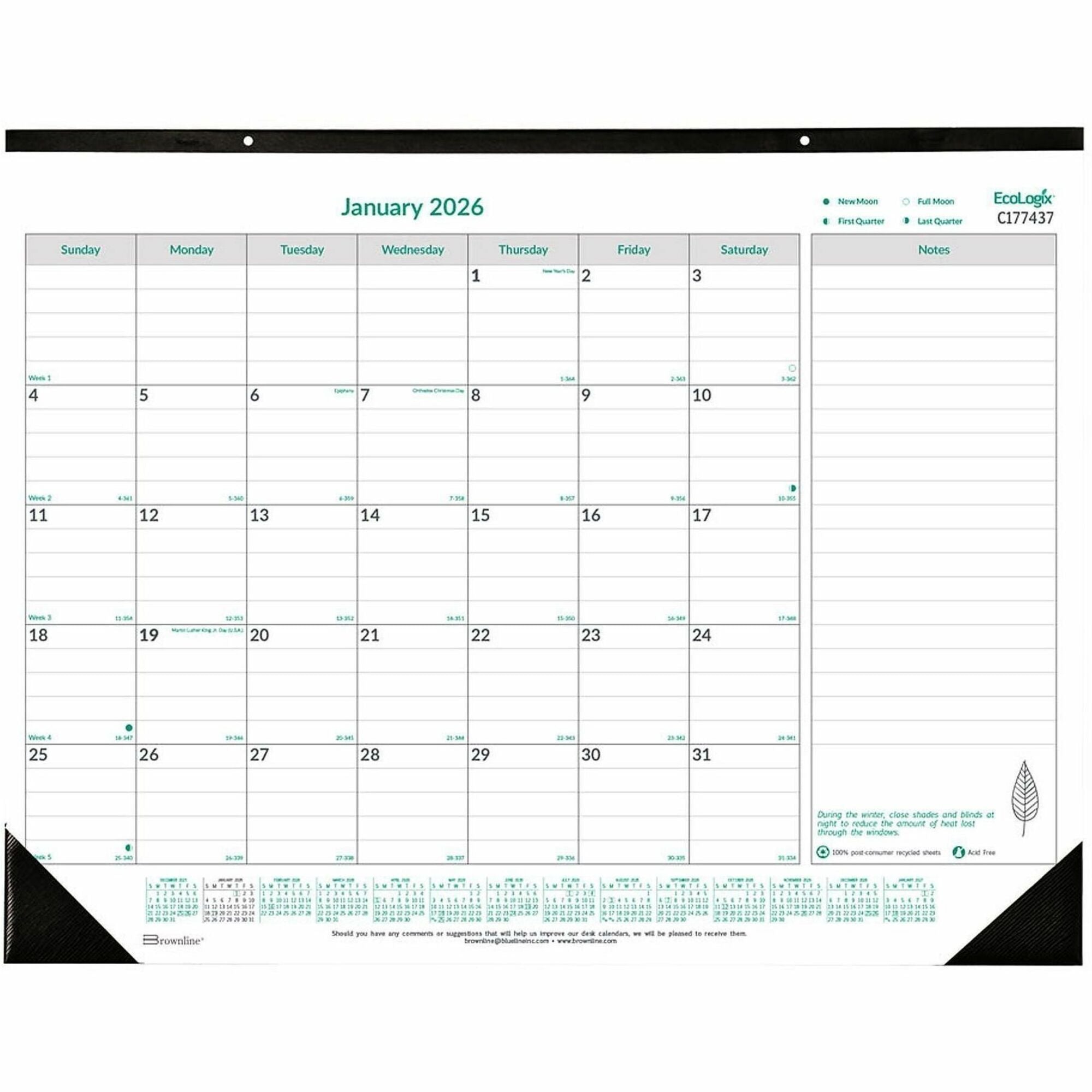 Monthly - 12 Month - January 2026 to December 2026 - 1 Month Single Page Layout - 22" x 17" Sheet Size - Desk Pad - Chipboard, Cardboard - Notepad, Reference Calendar - 1 Each