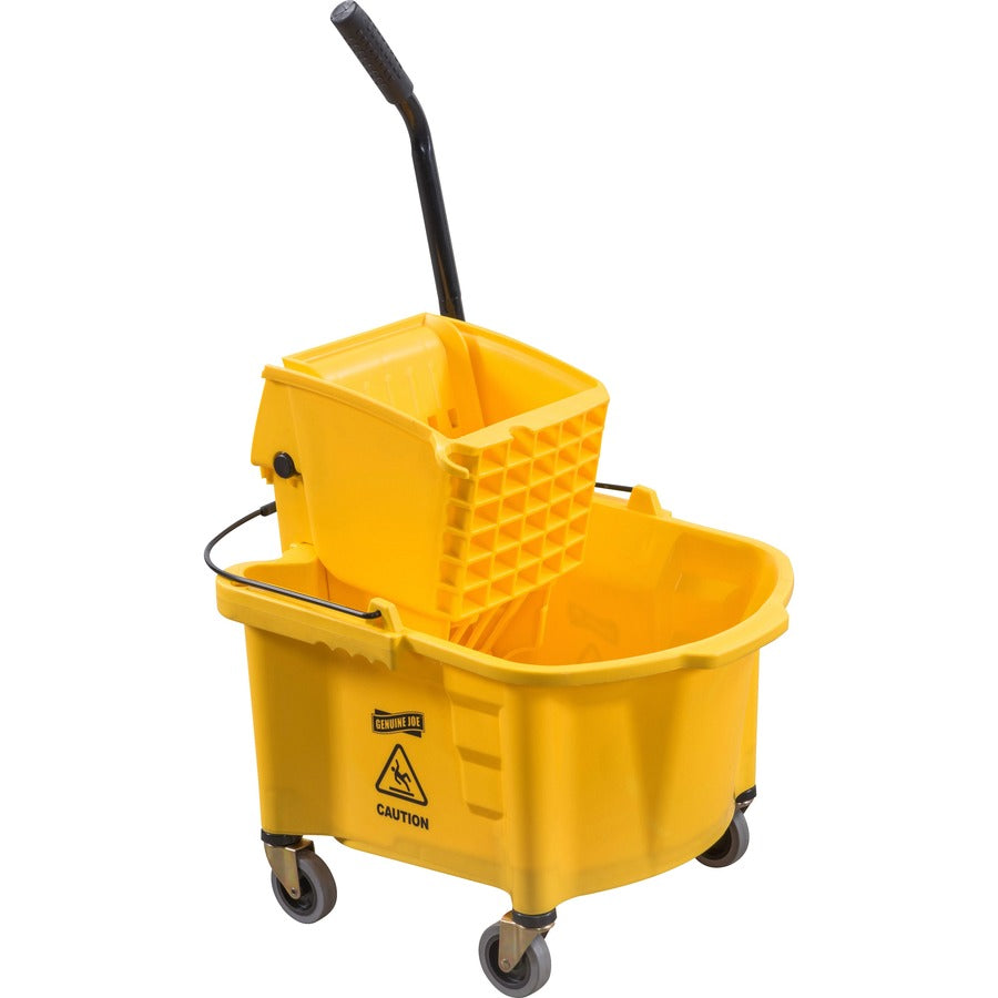 Genuine Joe Splash Shield Mop Bucket/Wringer - 6.50 gal - Wringer, Caution Sign, Handle, Measurement Marking, Caster, Putty Knife Holder, Mop Stick Holder - Plastic, Metal - Black, Yellow - 1 Each