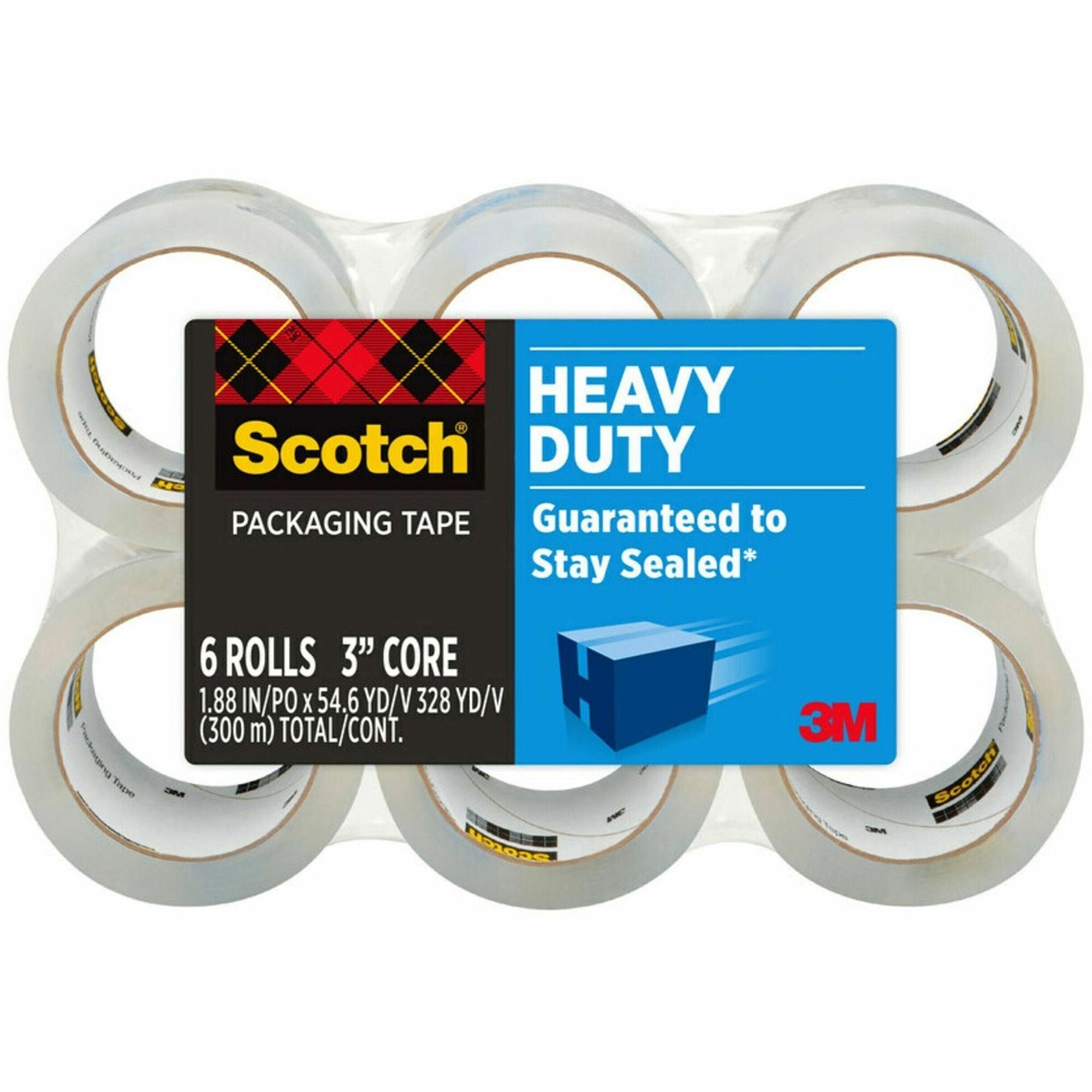 Scotch Heavy-Duty Shipping/Packaging Tape, 1.88" x 54.60 yd, 3.1 mil Thickness, 3" Core, Clear, 6 Pack