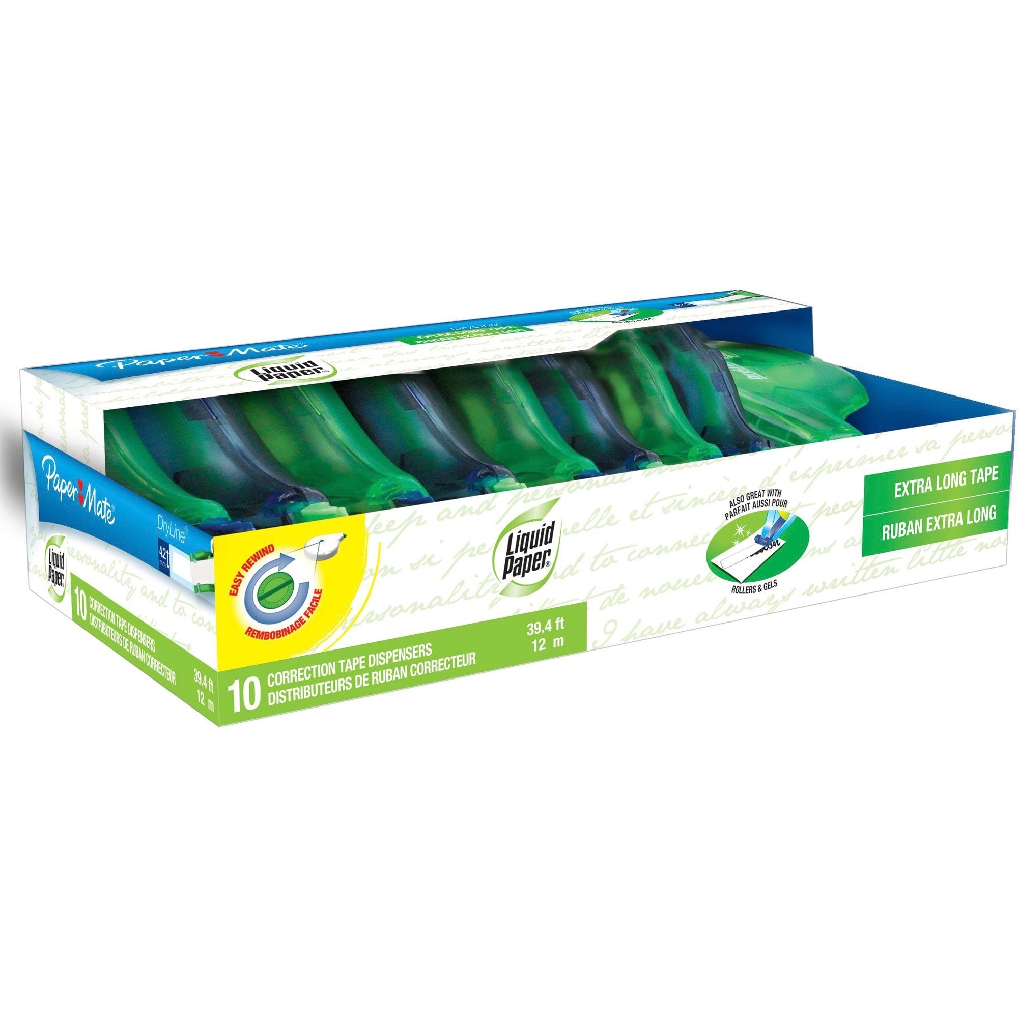 Paper Mate Liquid Paper DryLine Correction Tape - 0.20" Tape Width x 39.33 ft Tape Length - White Tape - Blue Dispenser - Break Resistant, Non-refillable, Tear Resistant - Blue - 10 / Pack