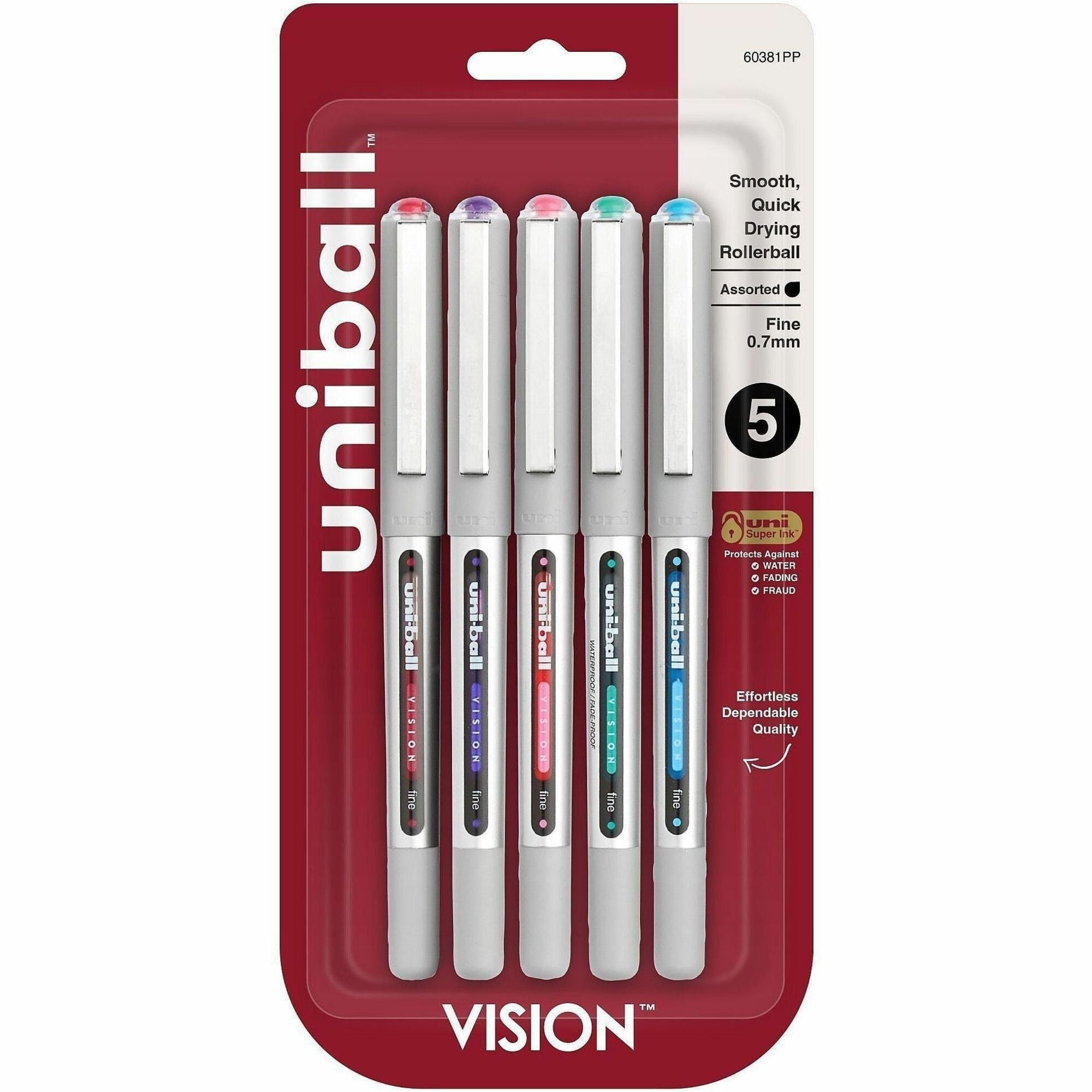 uniball™ Vision Rollerball Pens - 0.7 mm Fine Pen Point - Red, Brilliant Blue, Evergreen, Pink, Purple Ink - 5 / Pack