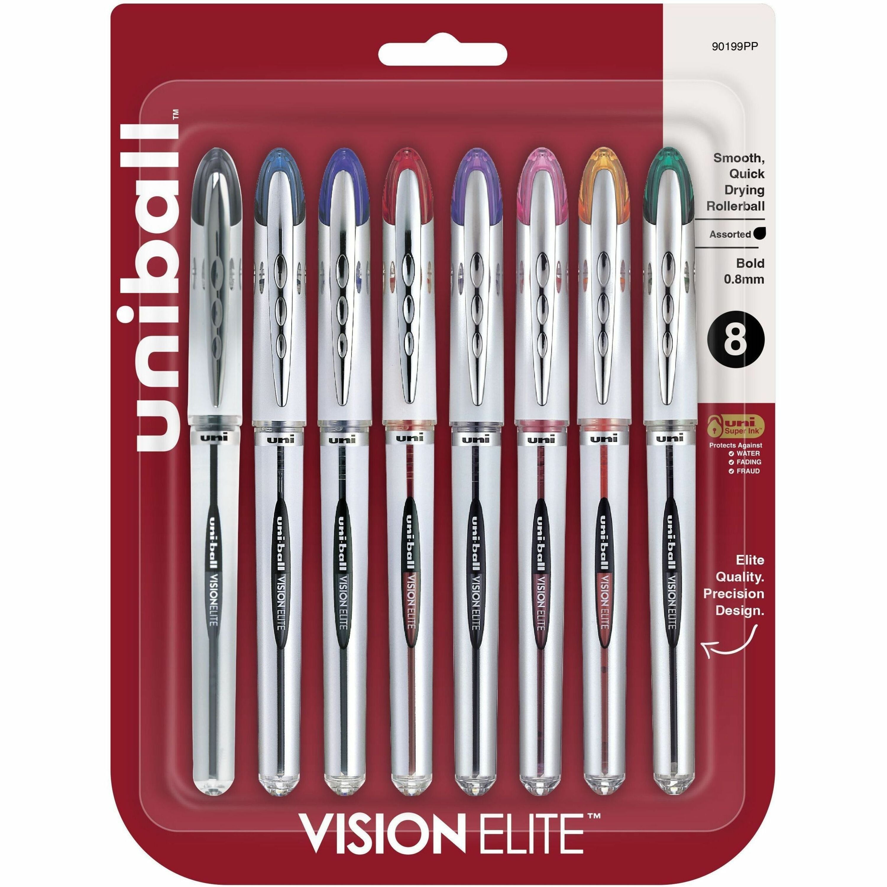 uniball™ Vision Elite Rollerball Pen - 0.8 mm Bold Pen Point - Refillable - Retractable - Assorted Ink - Gel-based - 8 / Pack