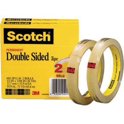 Scotch Permanent Double-Sided Tape - 1/2"W - 36 yd Length x 0.50" Width - 3" Core - Clear - Long Lasting - For Attaching, Mounting - 1 Pack
