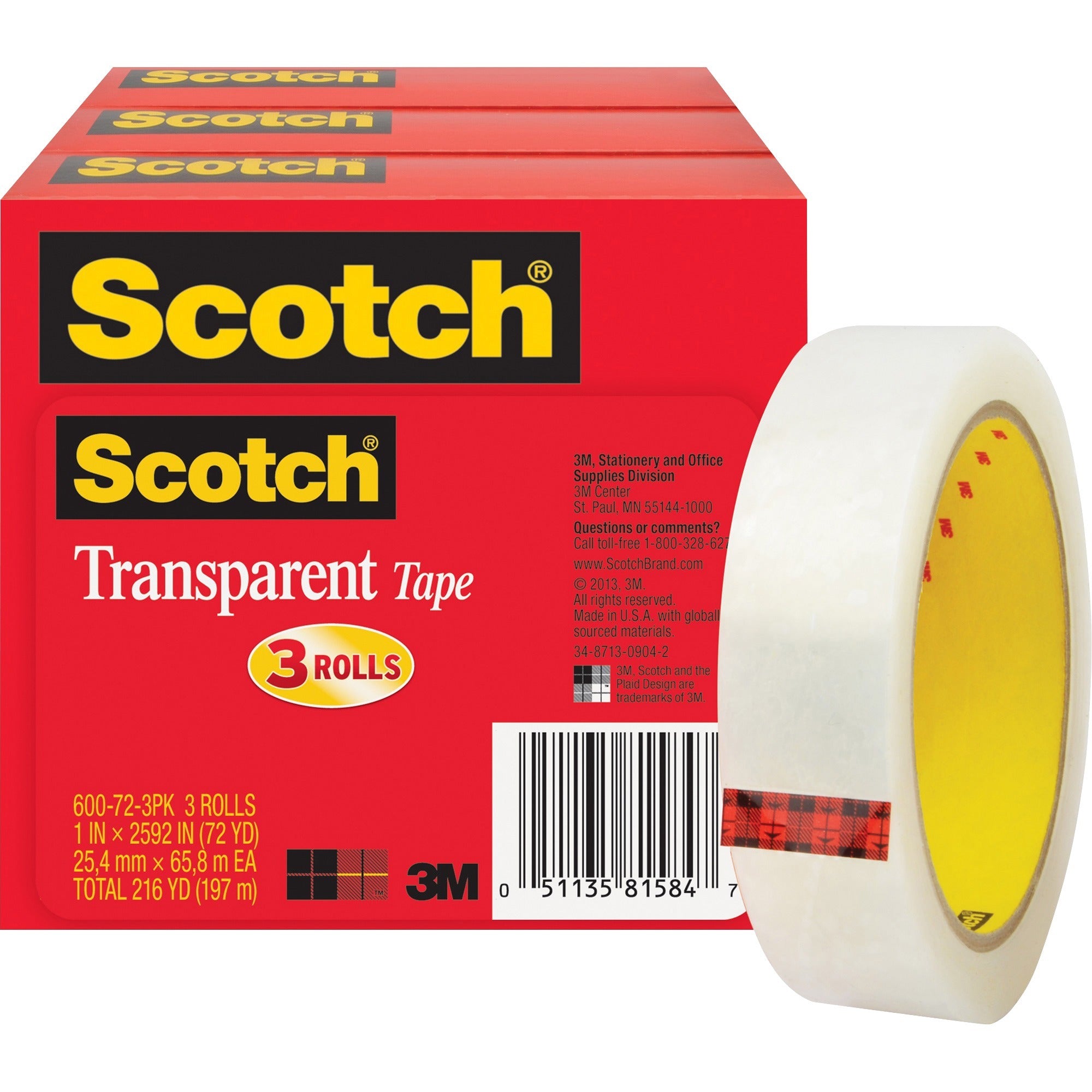 72 yd Length x 1" Width - 3" Core - Clear - Long Lasting, Moisture Resistant, Stain Resistant - For Sealing, Label Protection, Wrapping, Mending - 1 Pack