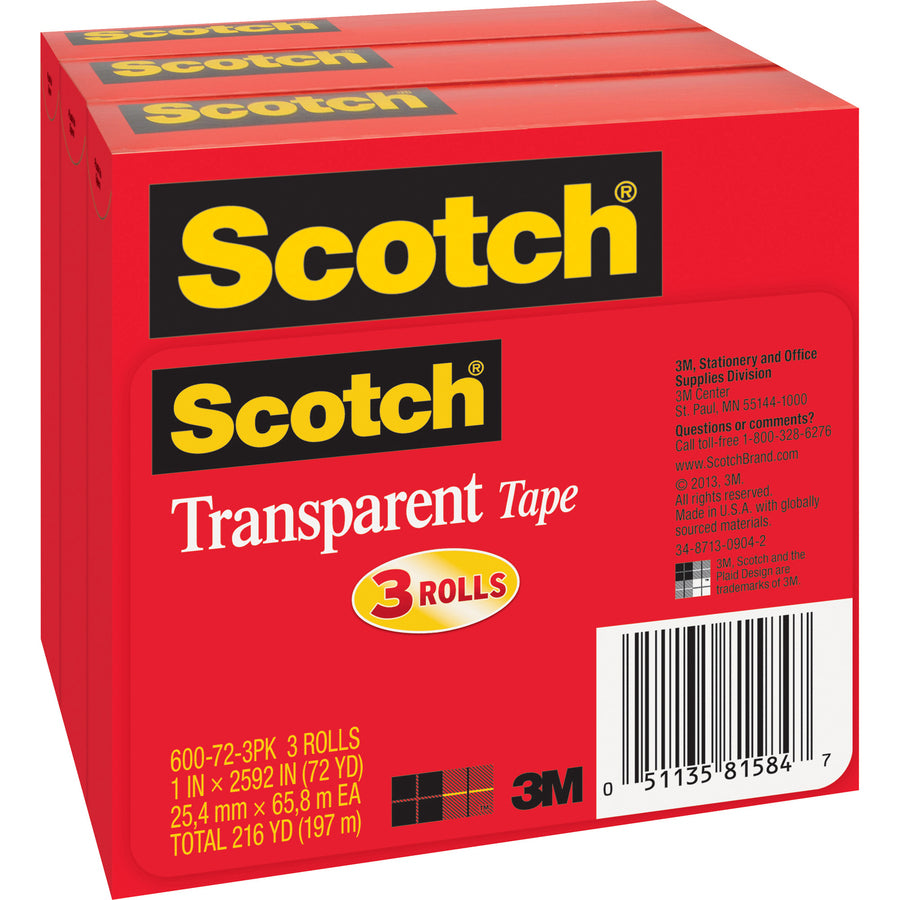 72 yd Length x 1" Width - 3" Core - Clear - Long Lasting, Moisture Resistant, Stain Resistant - For Sealing, Label Protection, Wrapping, Mending - 1 Pack