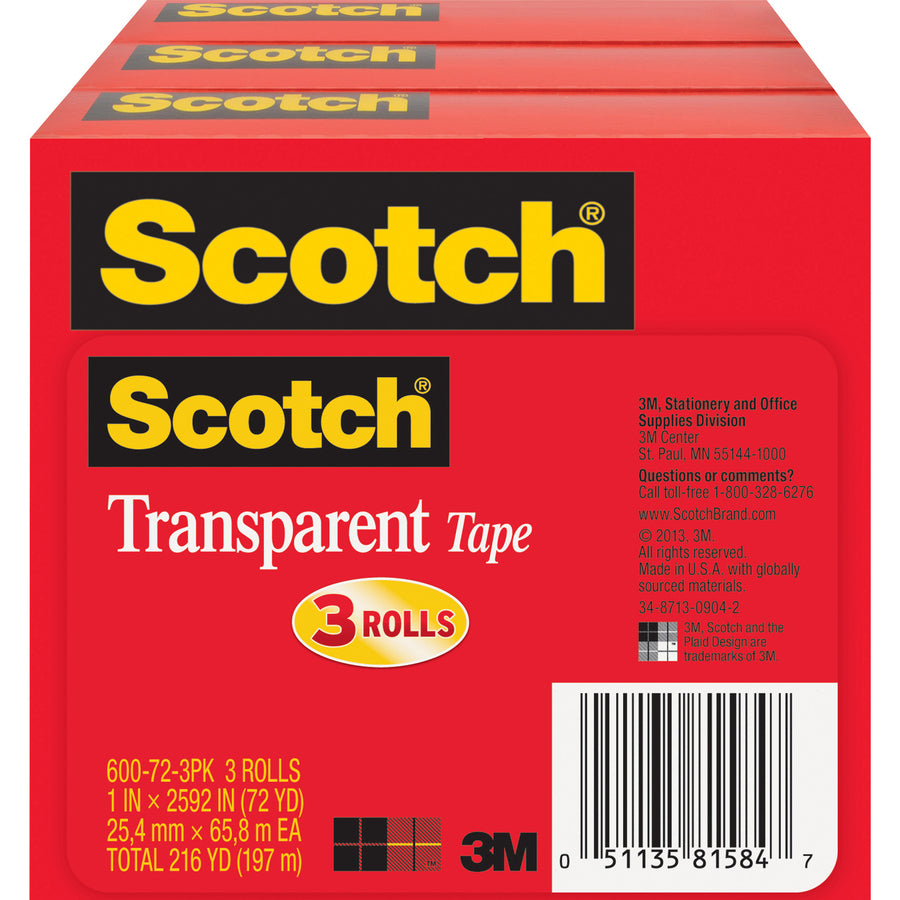 72 yd Length x 1" Width - 3" Core - Clear - Long Lasting, Moisture Resistant, Stain Resistant - For Sealing, Label Protection, Wrapping, Mending - 1 Pack