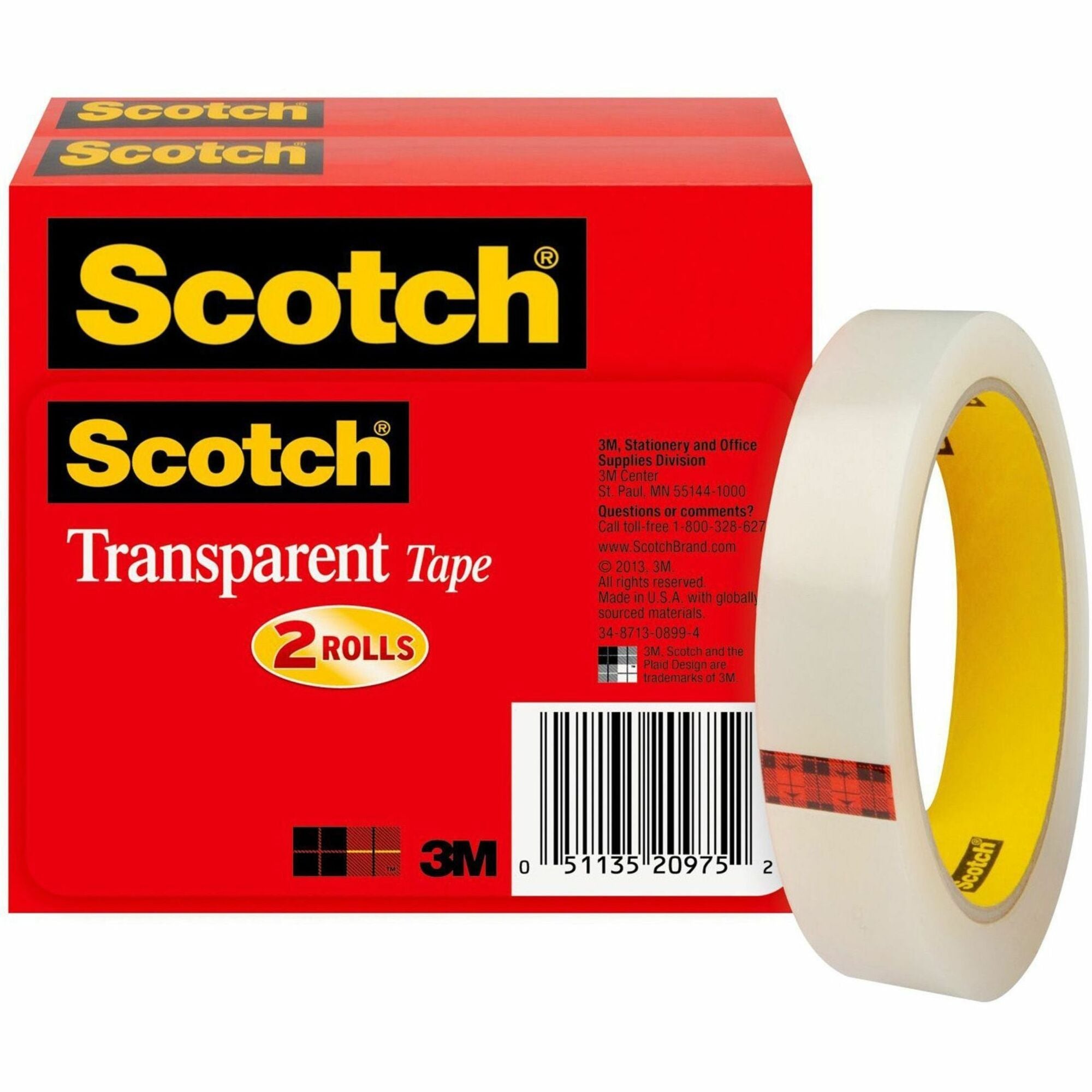 Scotch Transparent Tape - 3/4"W - 72 yd Length x 0.75" Width - 3" Core - Clear - Long Lasting - For Sealing, Label Protection, Wrapping, Mending - 1 Pack