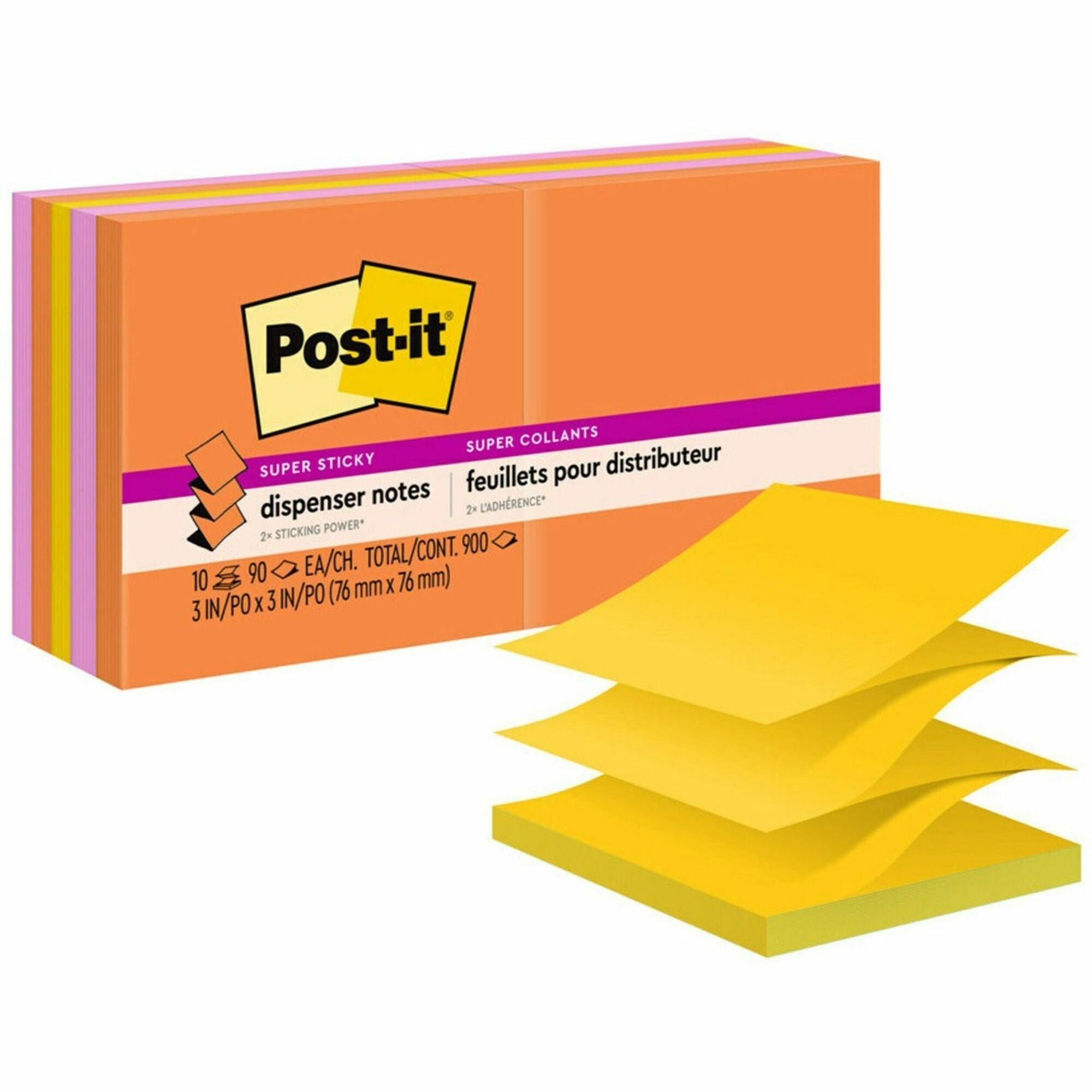 Post-it Super Sticky Dispenser Notes, Energy Boost Collection, 3" x 3", 90 Sheets per Pad, 10 Pads/Pack, Vital Orange, Tropical Pink, Sunnyside, Self-adhesive, Repositionable